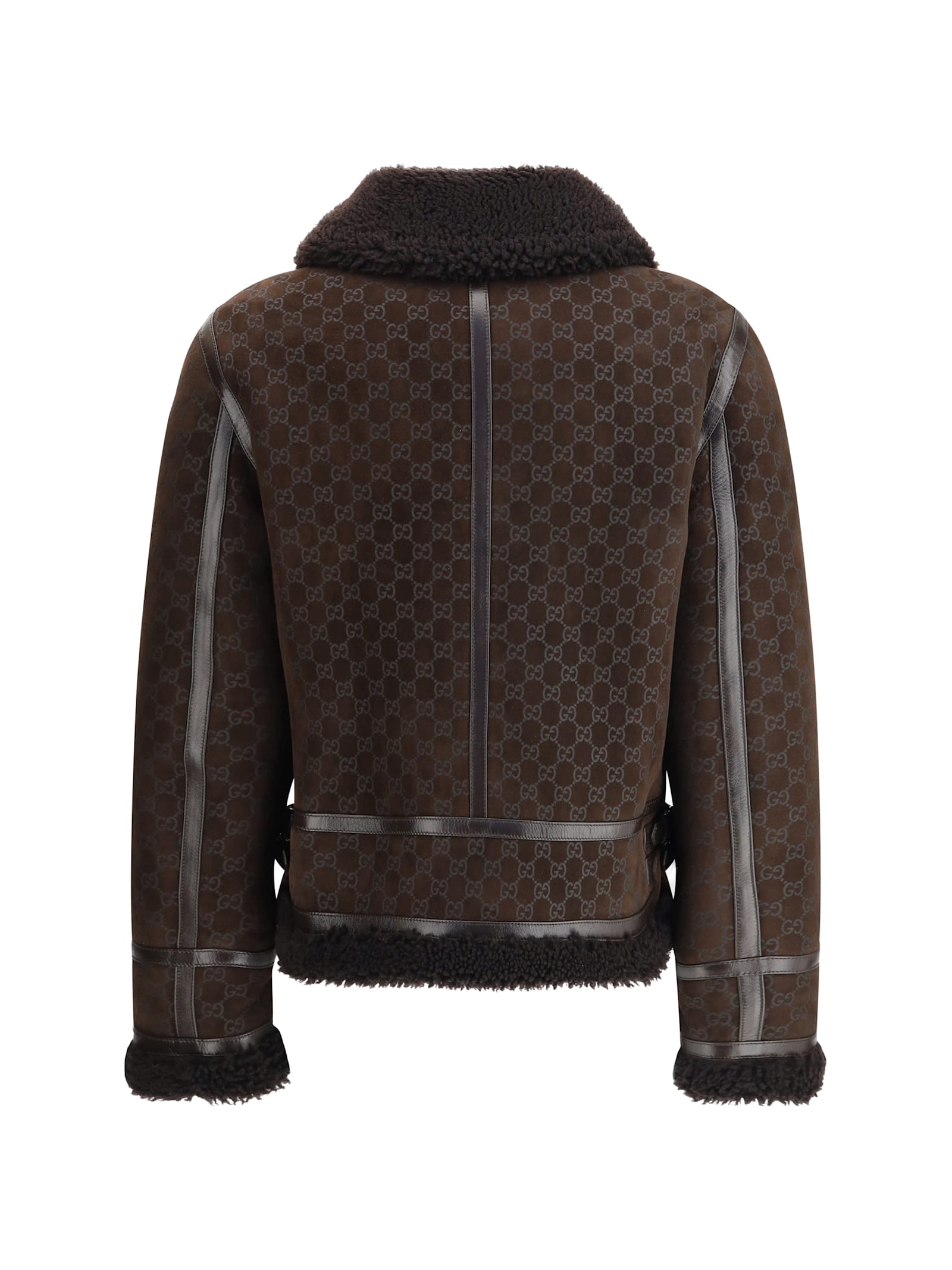Gucci Women Brown Shearling Jacket With Shearling Trims And All-over Gg Motif In Suede Woman In Brown