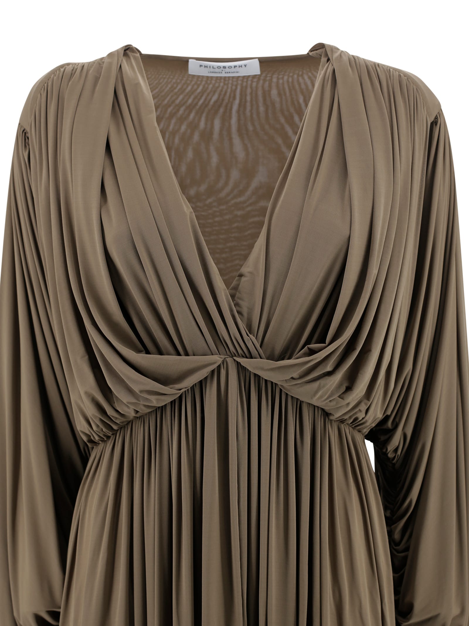 Philosophy Di Lorenzo Serafini Brown Long Dress With V-neck And Ruffle Details