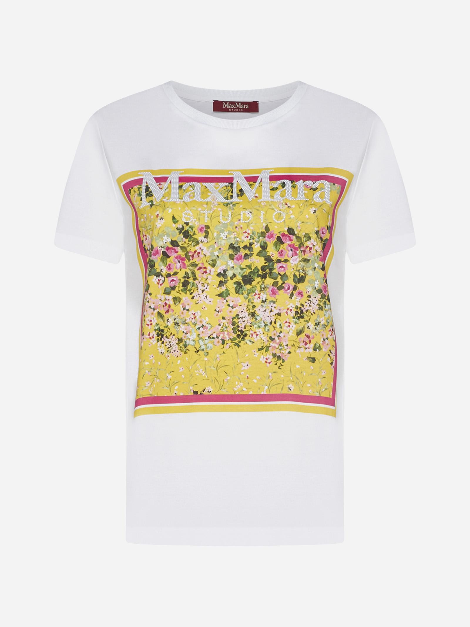 Shop Max Mara Rita Print Cotton T-shirt In Bianco Giallo