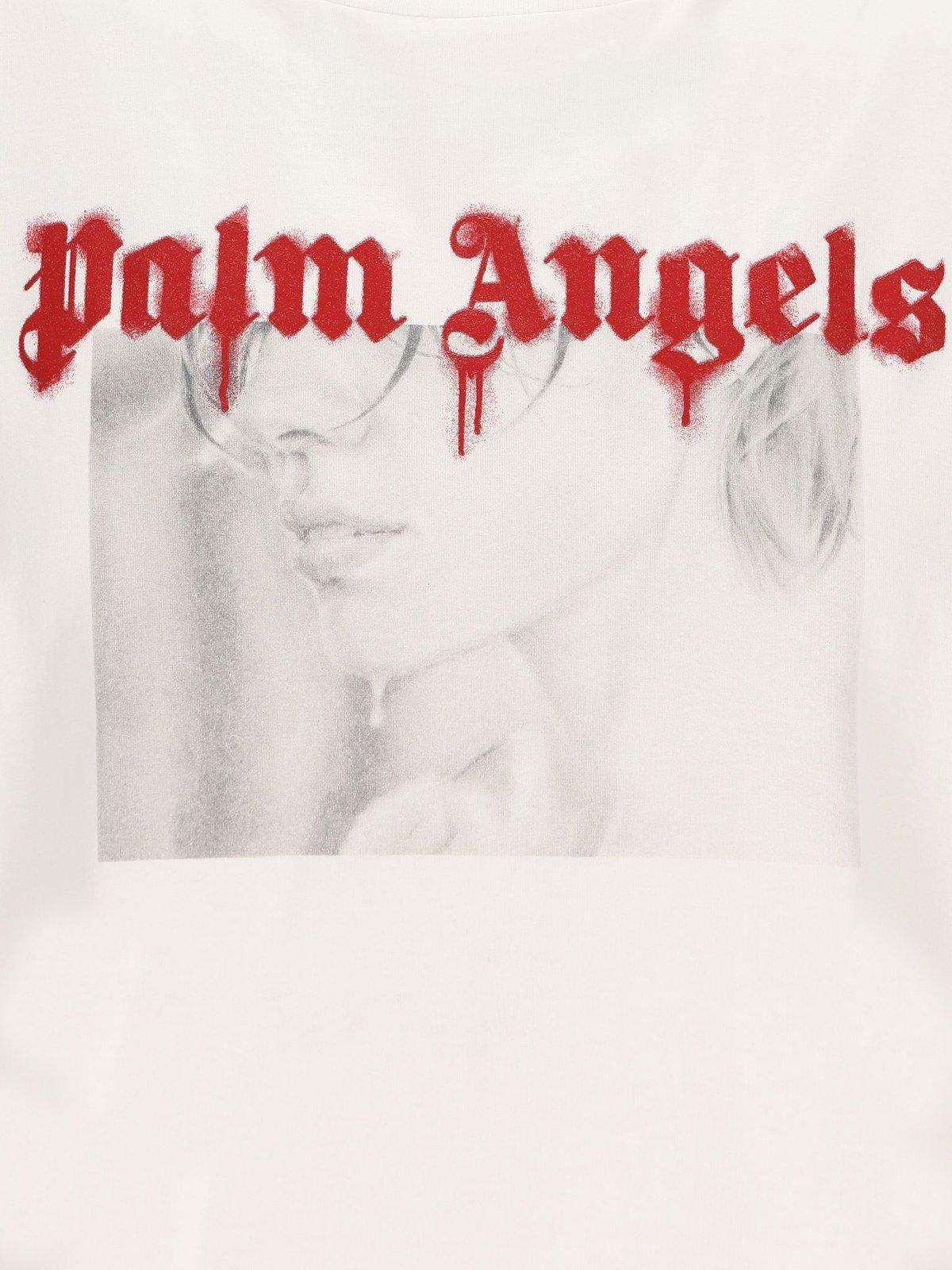 Shop Palm Angels Logo Printed Crewneck T-shirt In Off White Dark Red