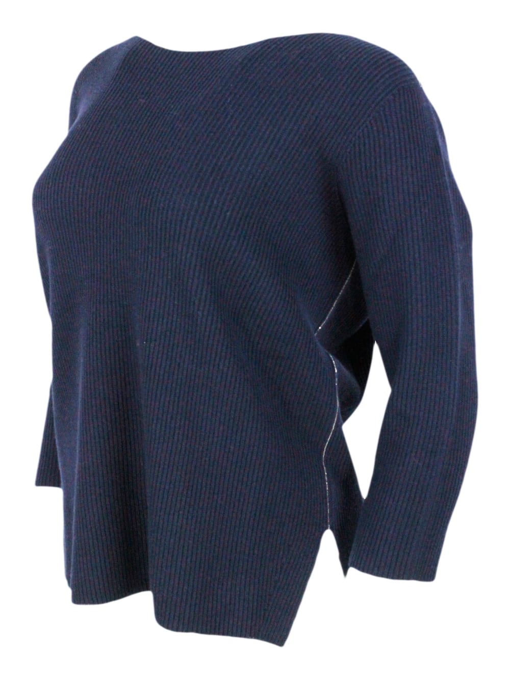 Shop Fabiana Filippi Long-sleeved Boat-neck Sweater In Wool And Cotton Embellished With Brilliant Monili On The Neck In Blu