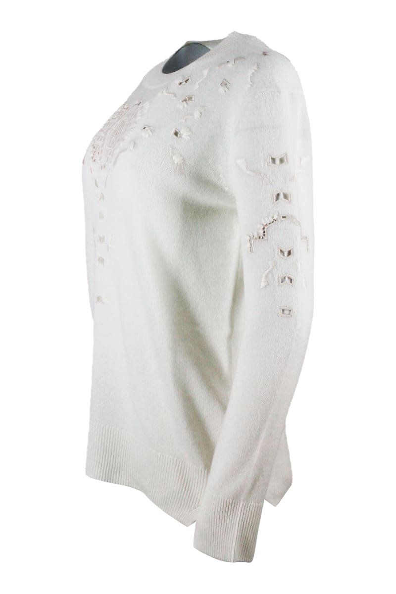 Shop Ermanno Scervino Long-sleeved Crewneck Sweater In Cashmere With Embroidery In White