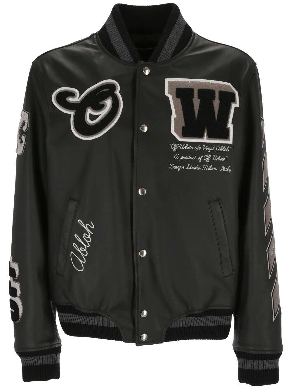 OFF-WHITE LOGO EMBROIDERED LEATHER JACKET