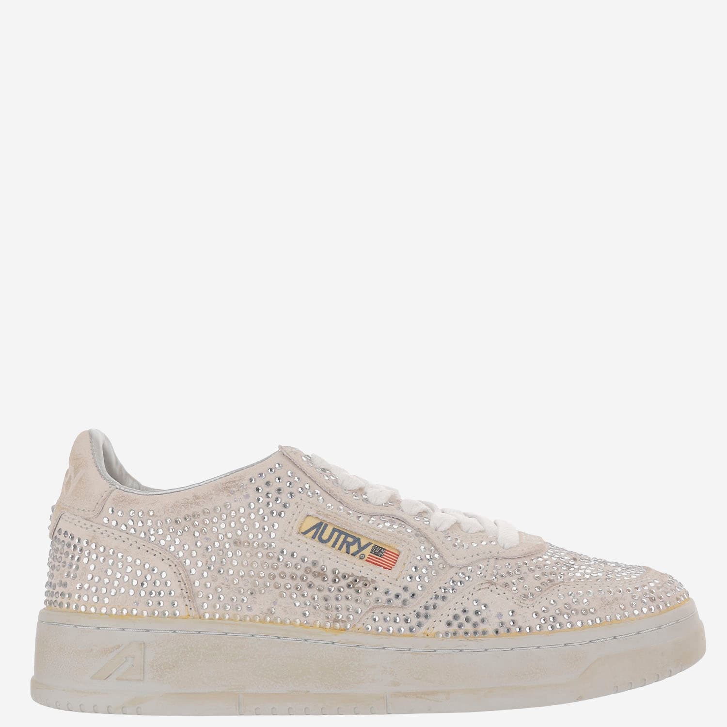 Autry Medalist Low Suede Sneakers With Rhinestones In Neutral