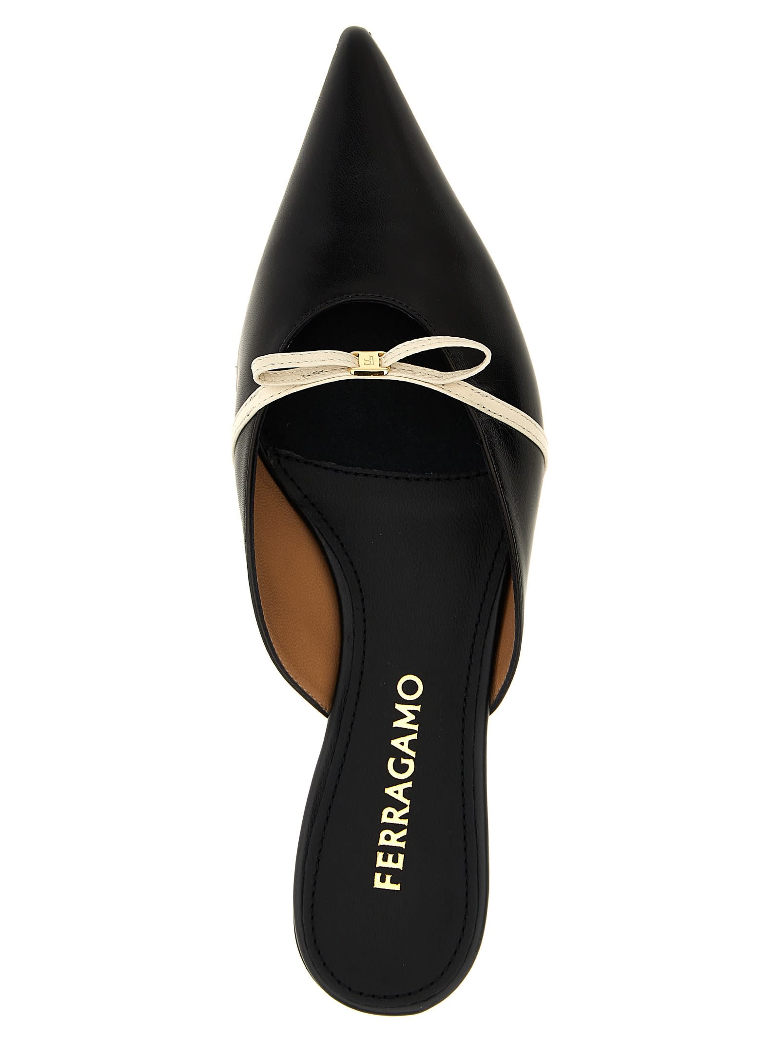 Ferragamo Bow Pointed Toe Mules In Black