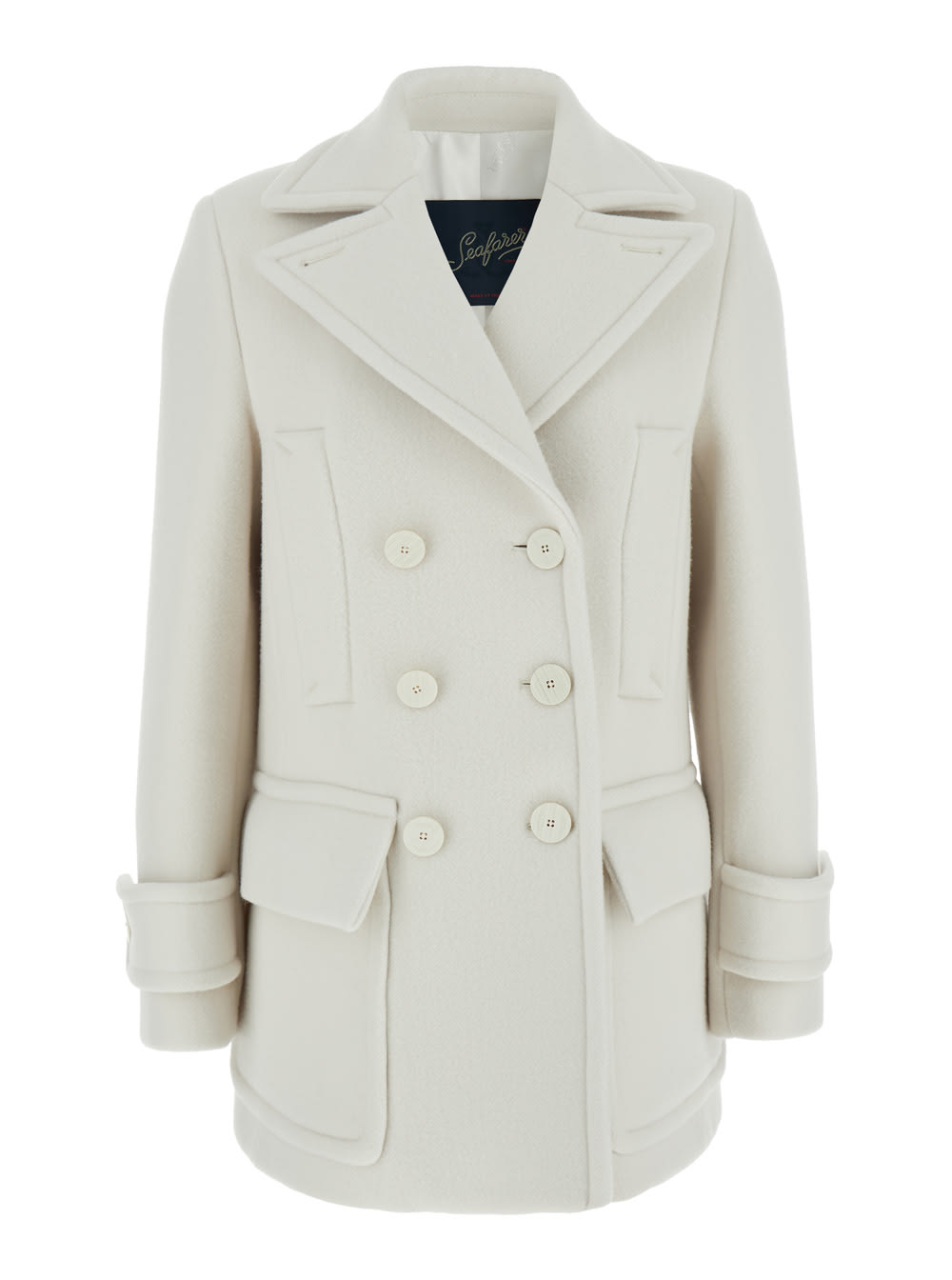 White Double-breasted Coat With Notched Revers In Virgin Wool Woman