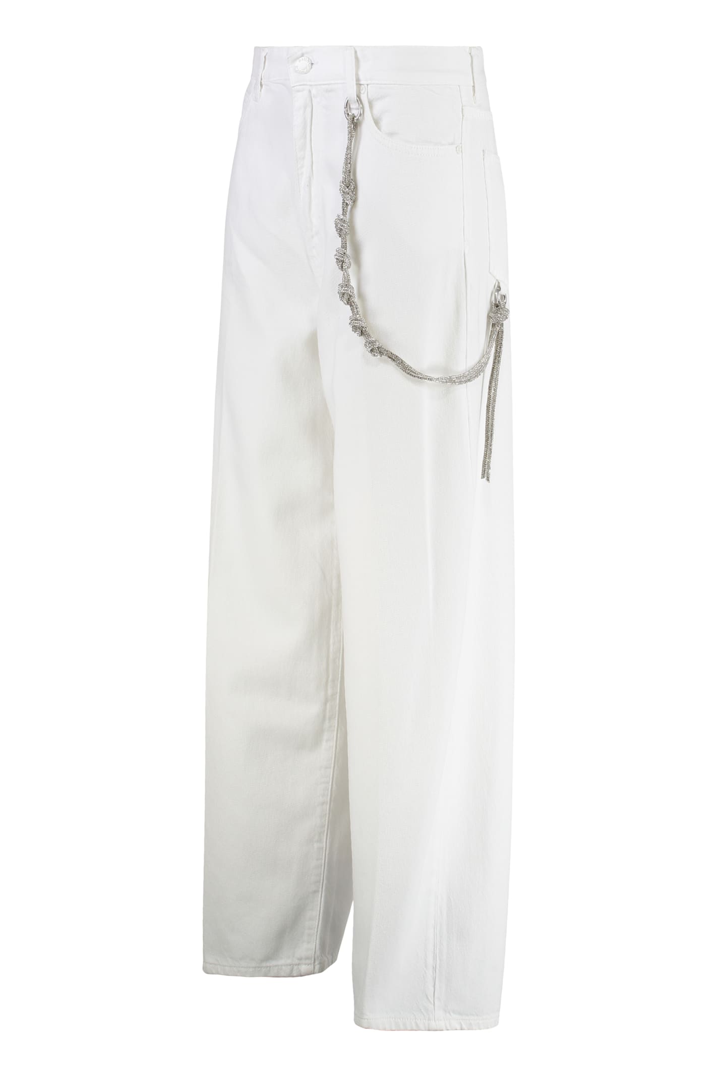 Pinko White Pants With Logo Patch On The Back And Chain Detail With Rhinestones