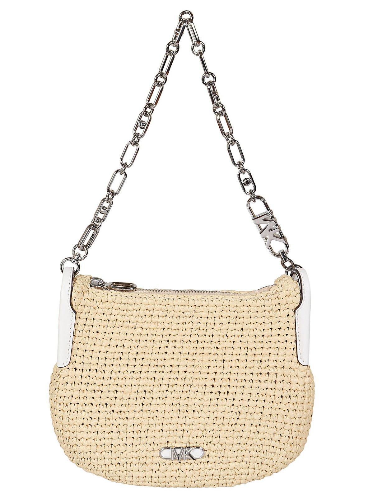 Shop Michael Kors Kendall Small Straw Shoulder Bag In Natural Optic White