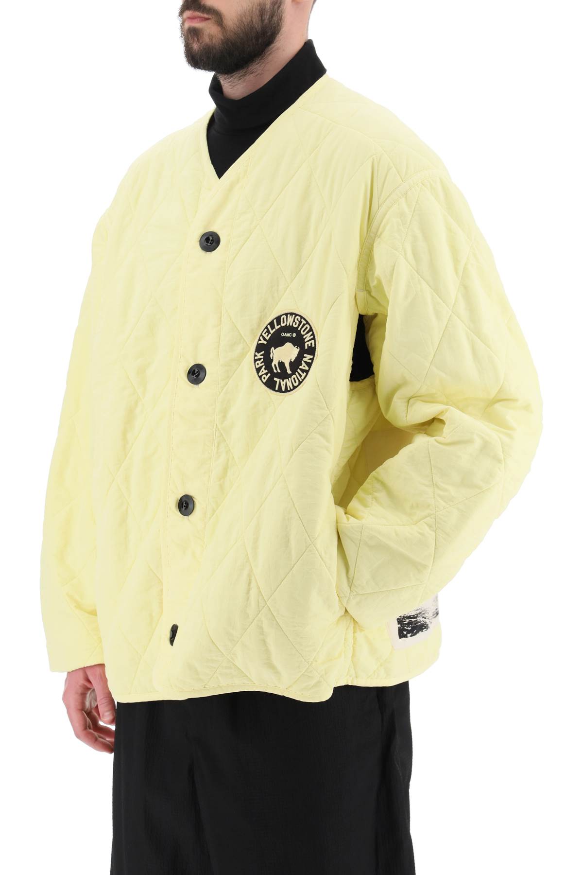 Shop Oamc Denali Quilted Jacket With Print And Embroidery At Back In Light Pastel Yellow (yellow)