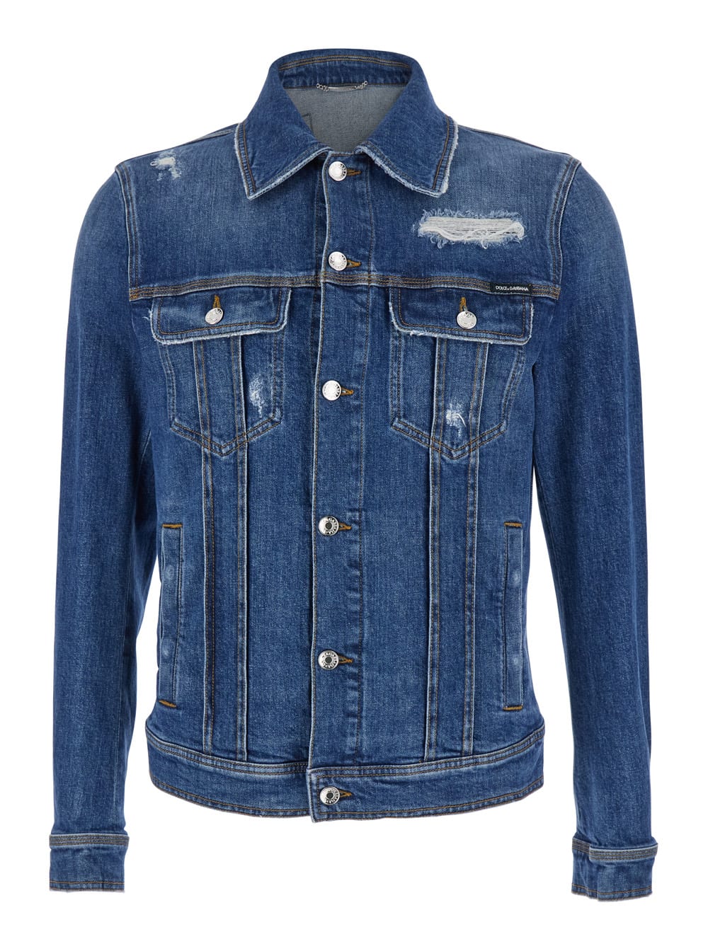 Shop Dolce & Gabbana Blue Jacket With Classic Collar And Rips In Denim Stretch Man