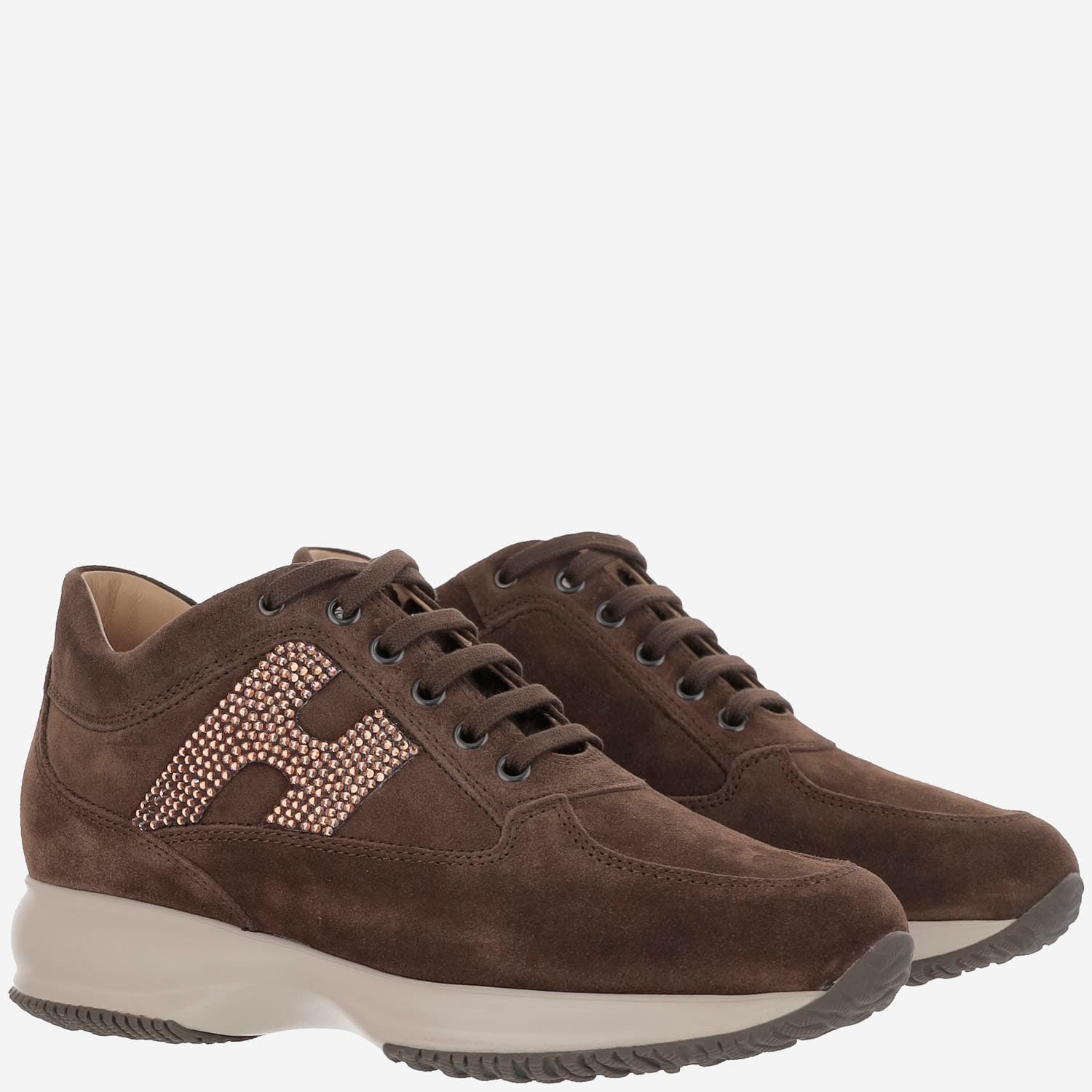 Hogan Chocolate Suede Sneakers With Rhinestone Logo In Brown