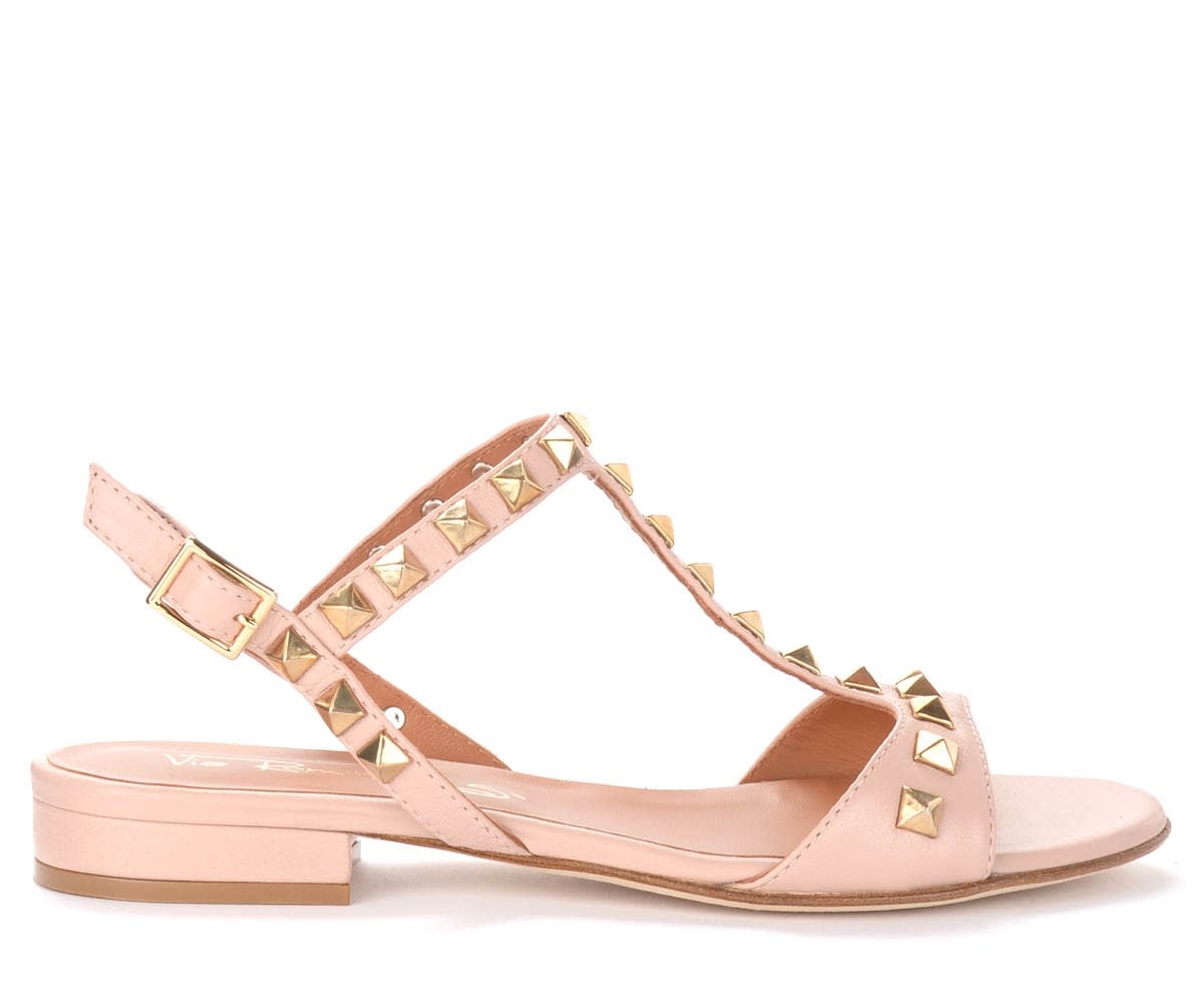 Via Roma 15 Flat Sandals In Powder-colored Leather With Studs
