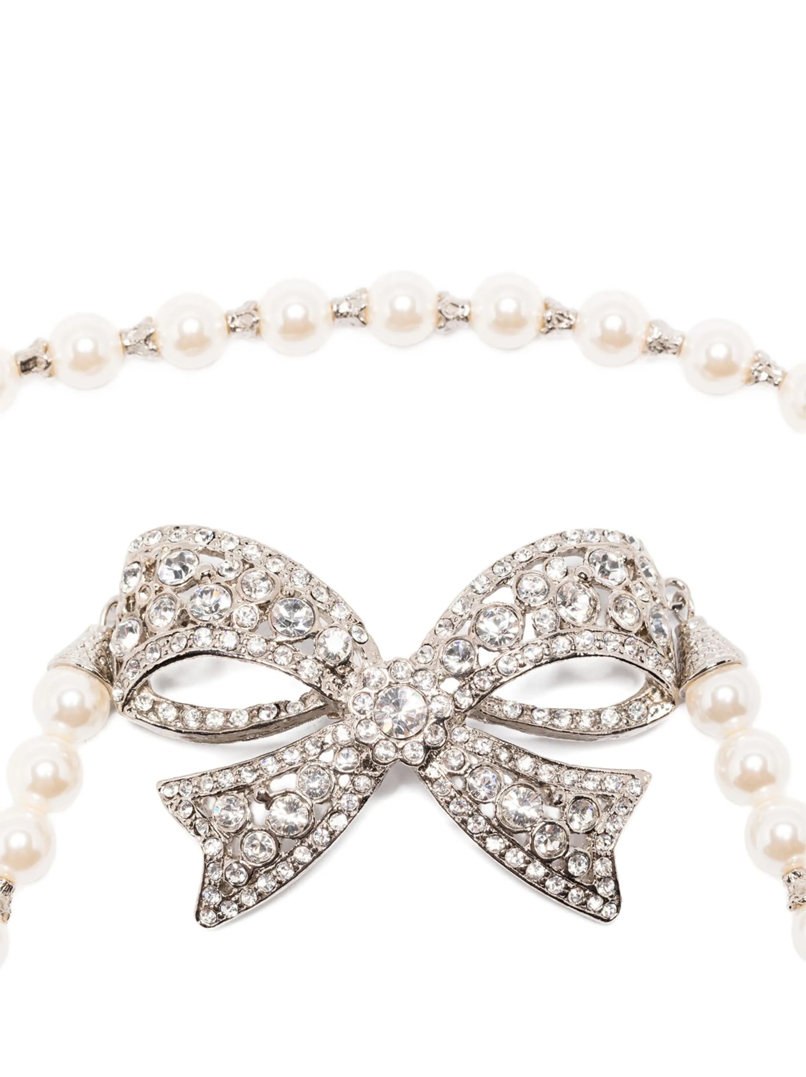 Alessandra Rich Bow Pendant With Pearl Beads And Rhinestone Embellishments In White