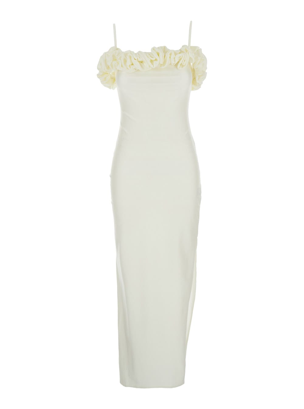 White Sleeveless Long Dress With Ruched Detail And Asymmetric Hem In Tech Fabric Stretch Woman