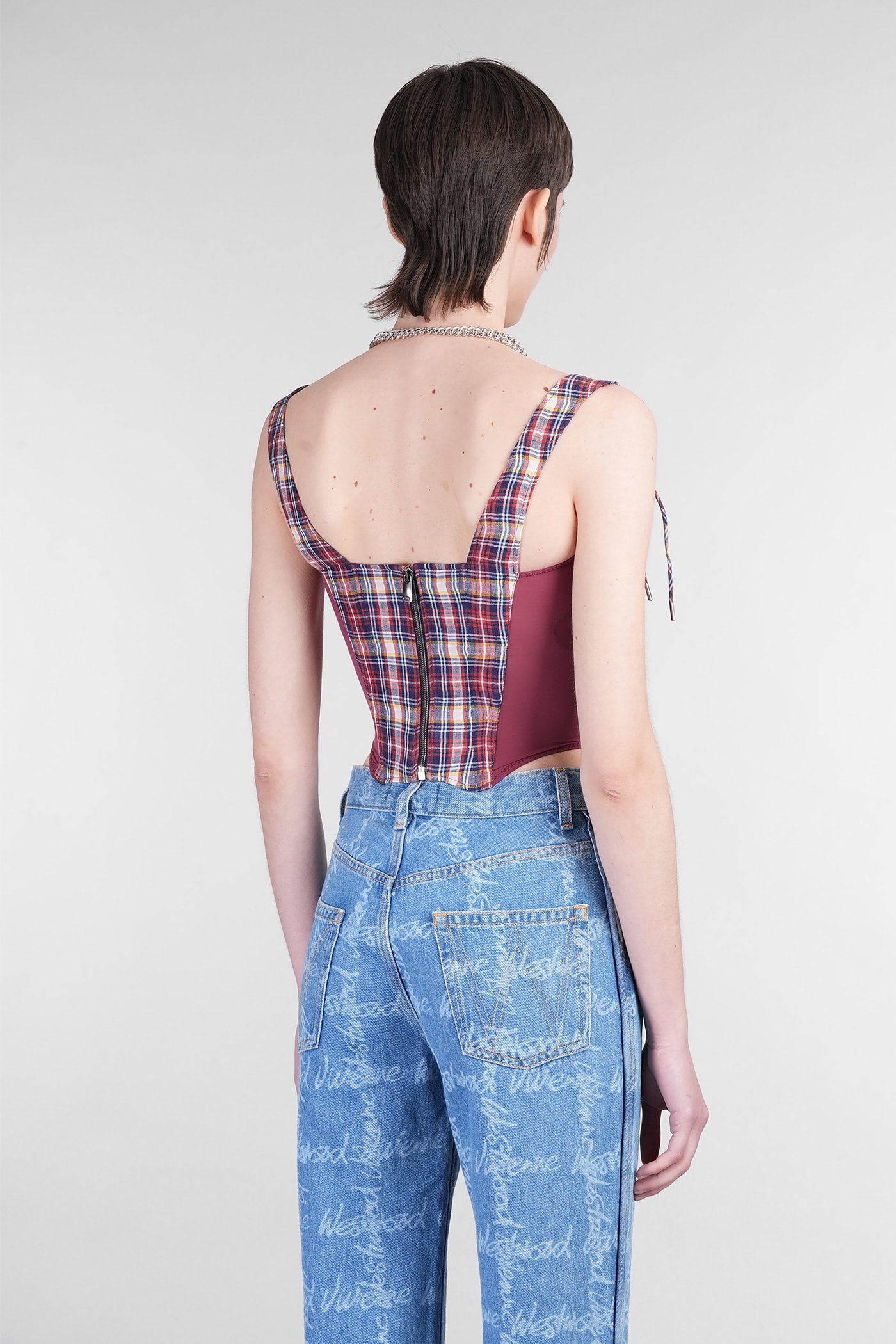 Vivienne Westwood Puppy Mesh-trimmed Checked Linen And Cotton-blend Bustier Top