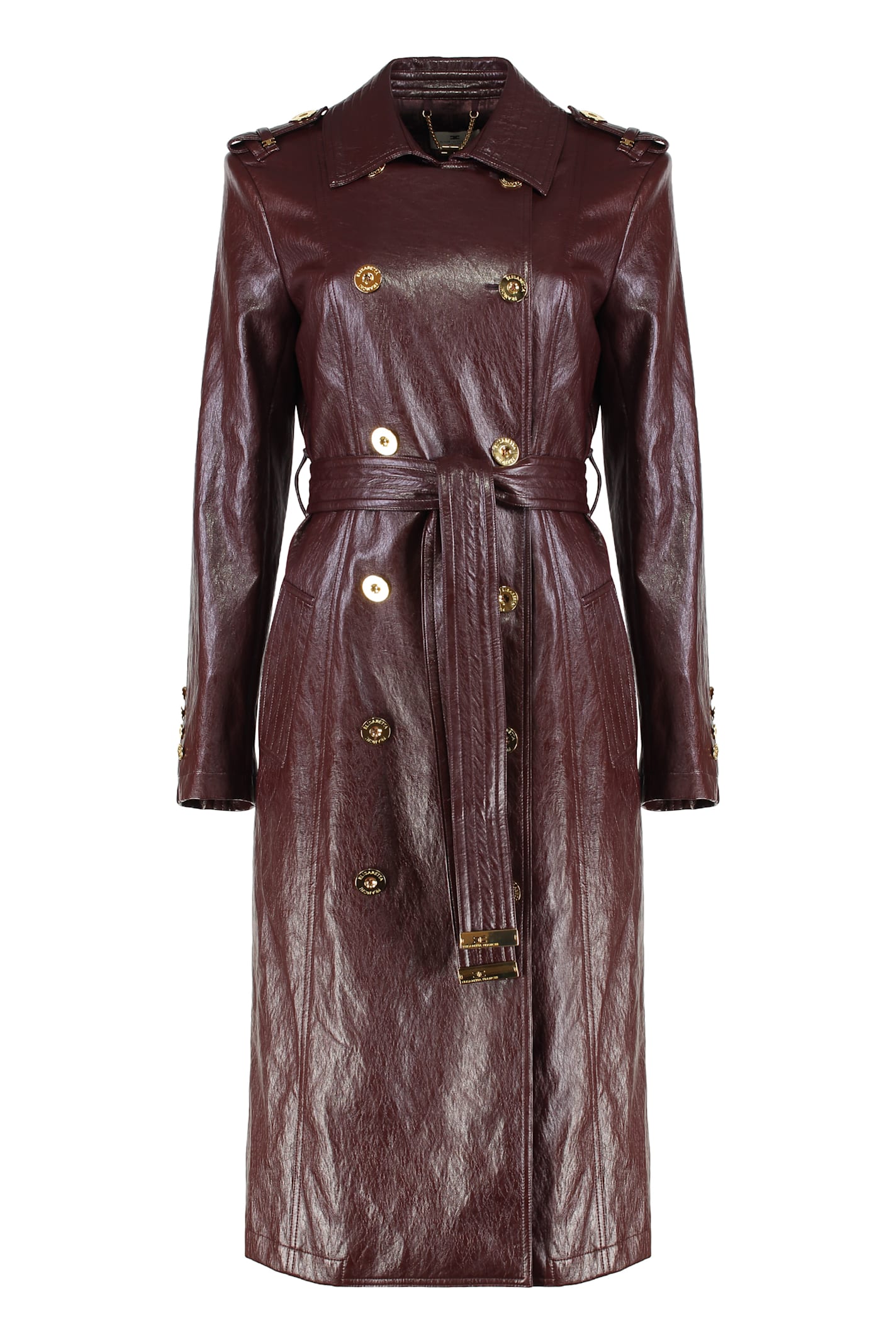 Elisabetta Franchi Bordeaux Double-breasted Trench Coat With Glossy Finish In Brown