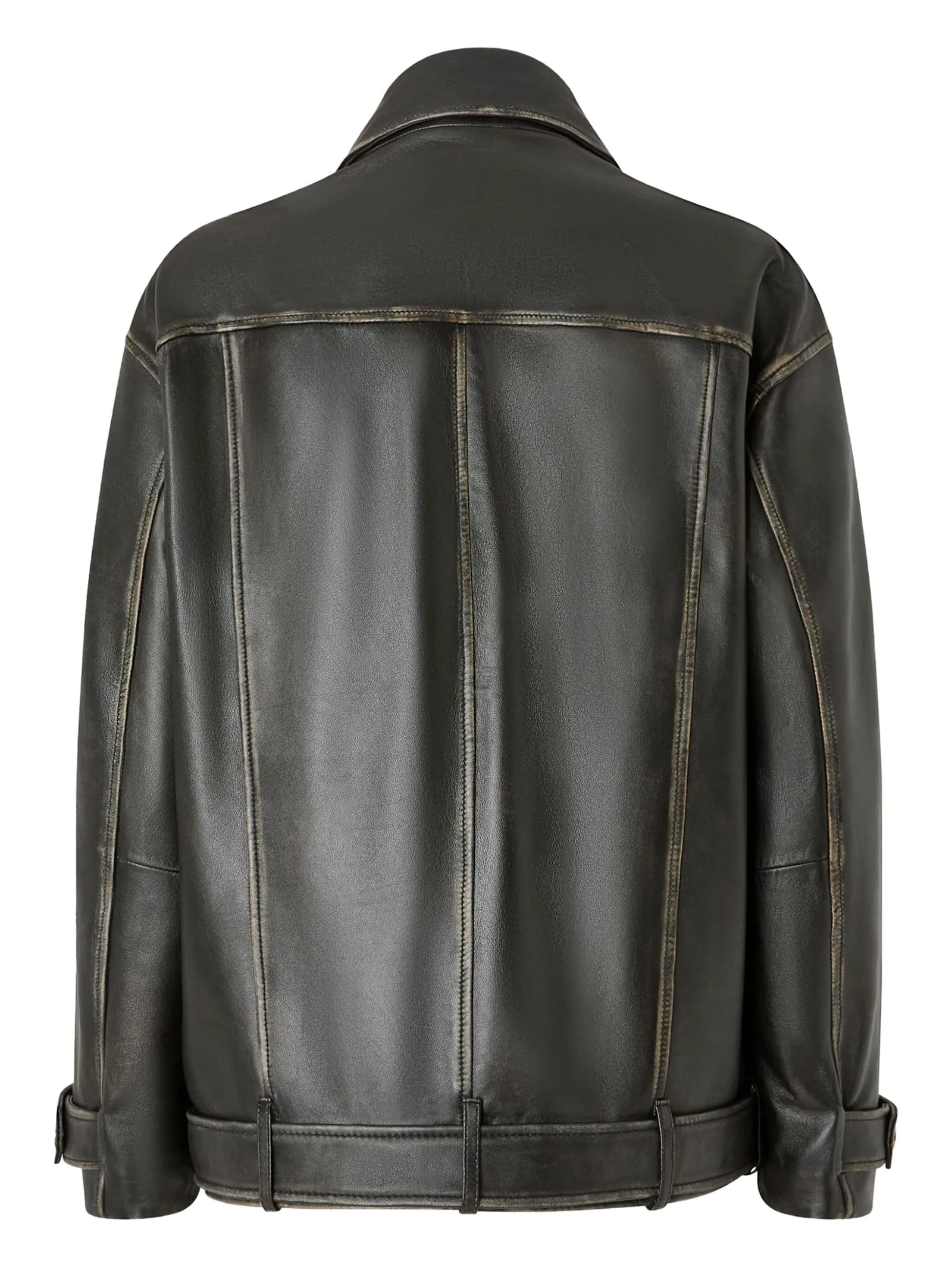 Pinko Leather Jacket With Belted Waist And Pockets In Black