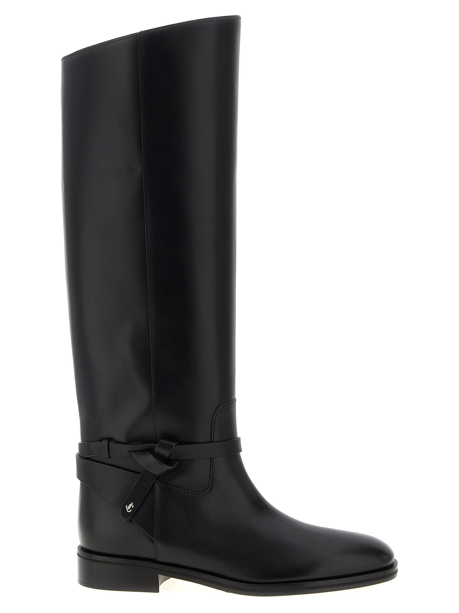 Jimmy Choo Knee-high Strap Detail Round Toe Boots In Black