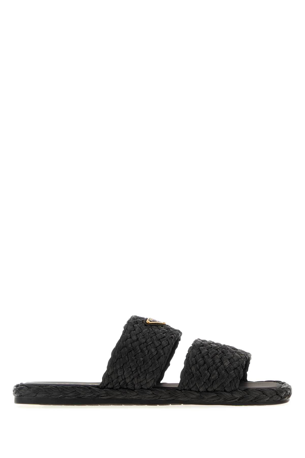 Prada Triangle-logo Open-toe Slides In Black