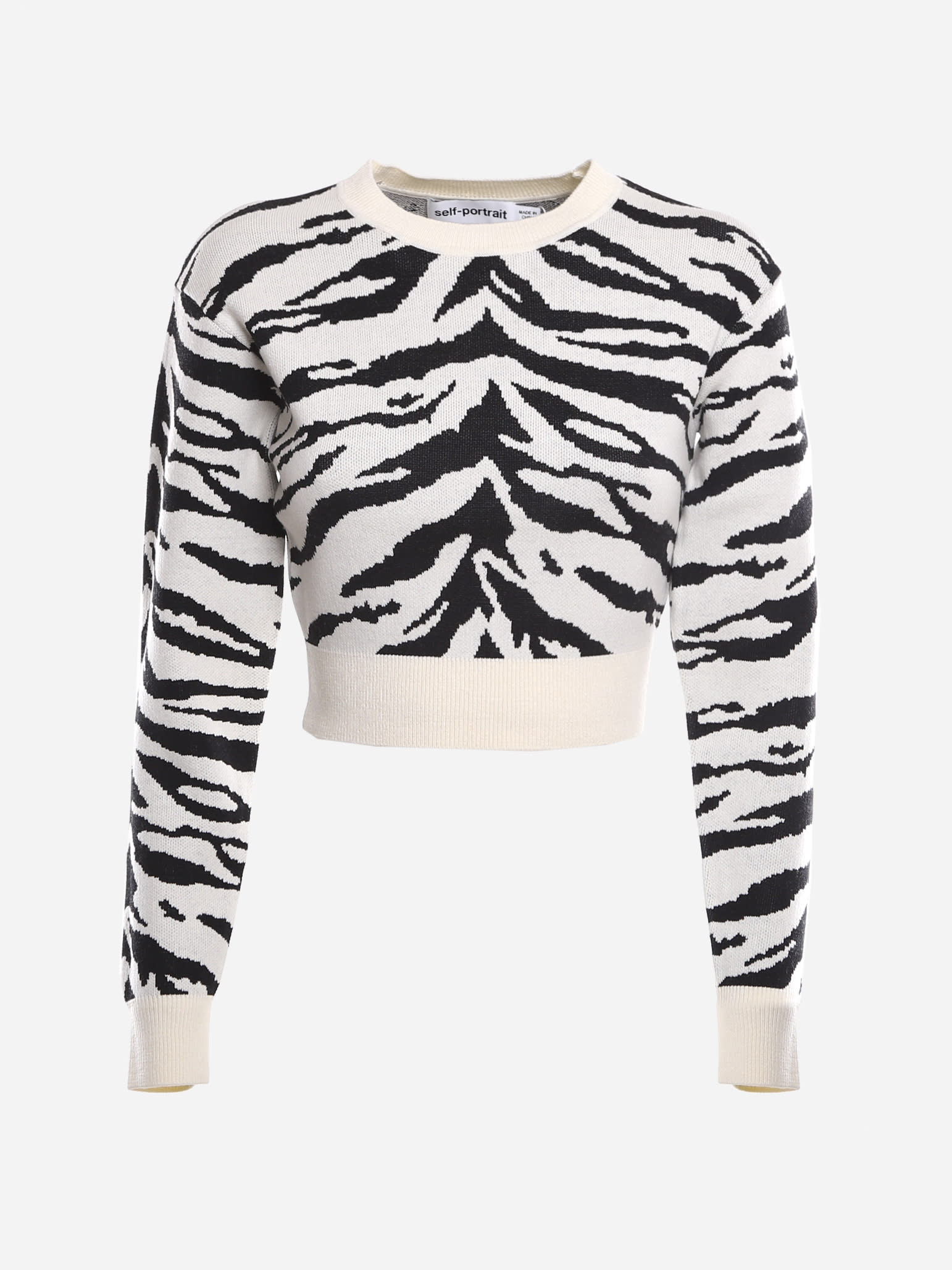 self-portrait Cropped Sweater With All-over Inlay Zebra Pattern