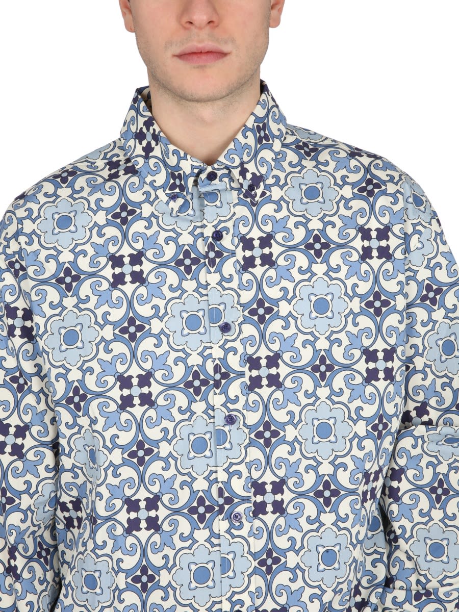 Drôle De Monsieur Printed Button-down Collar Shirt With Long Sleeves In Blue