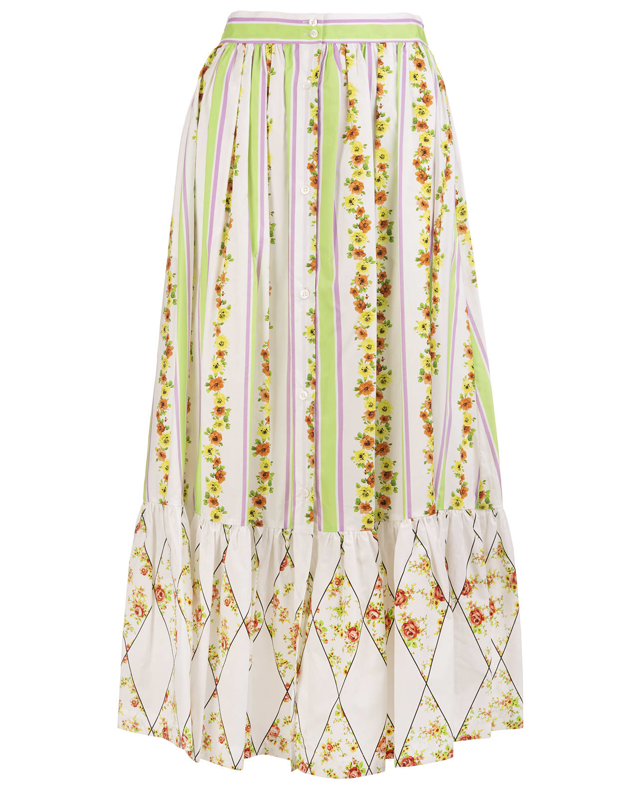 MSGM Long White Skirt With Flounce And stripes And Flowers Pattern