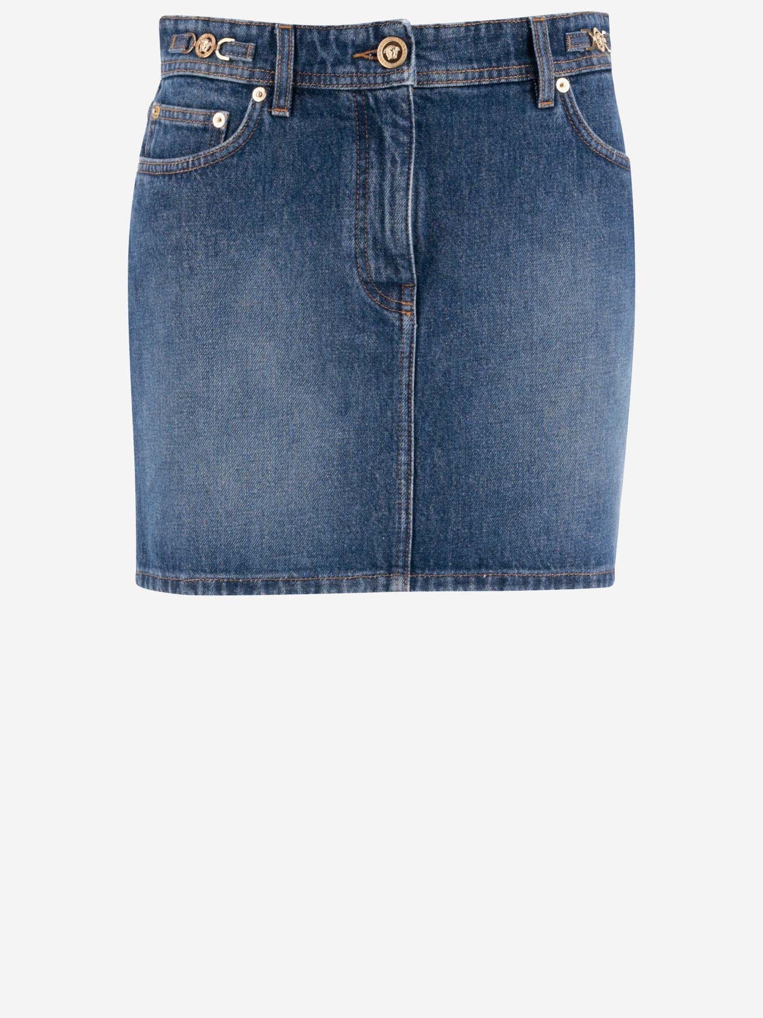 Versace Cotton Denim High Waist Mini Skirt In Denim