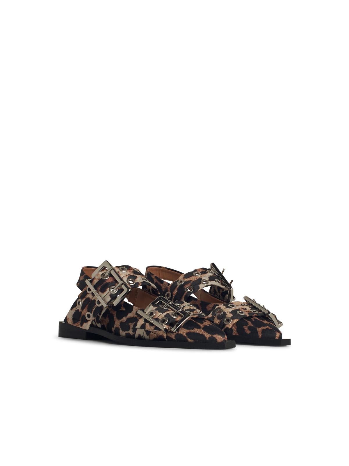 Ganni Buckle Brown Polyester Blend Ballet Flats In Animal Print