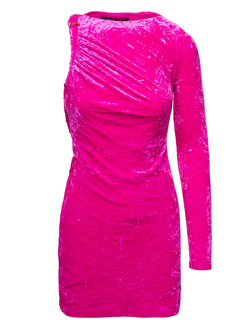 Versace Crushed Velvet Asymmetric Mini Dress In Pink