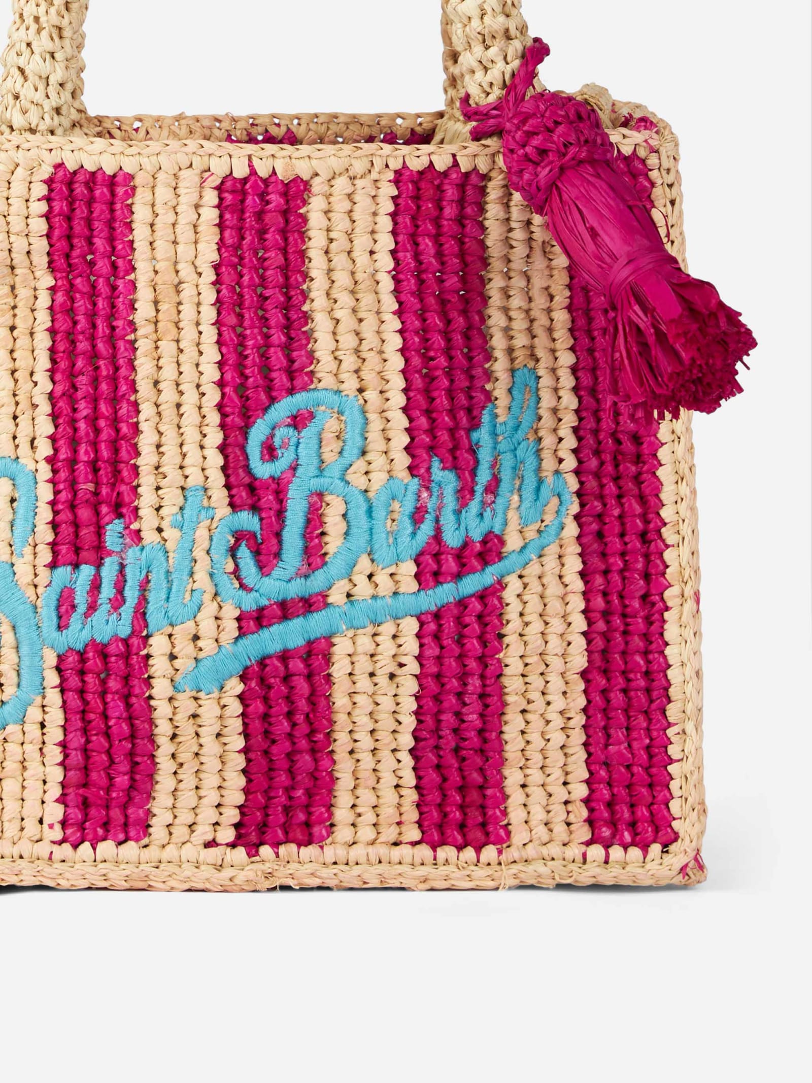 Shop Mc2 Saint Barth Fuchsia Striped Mini Vanity Raffia Bag With Embroidery In Fucsia