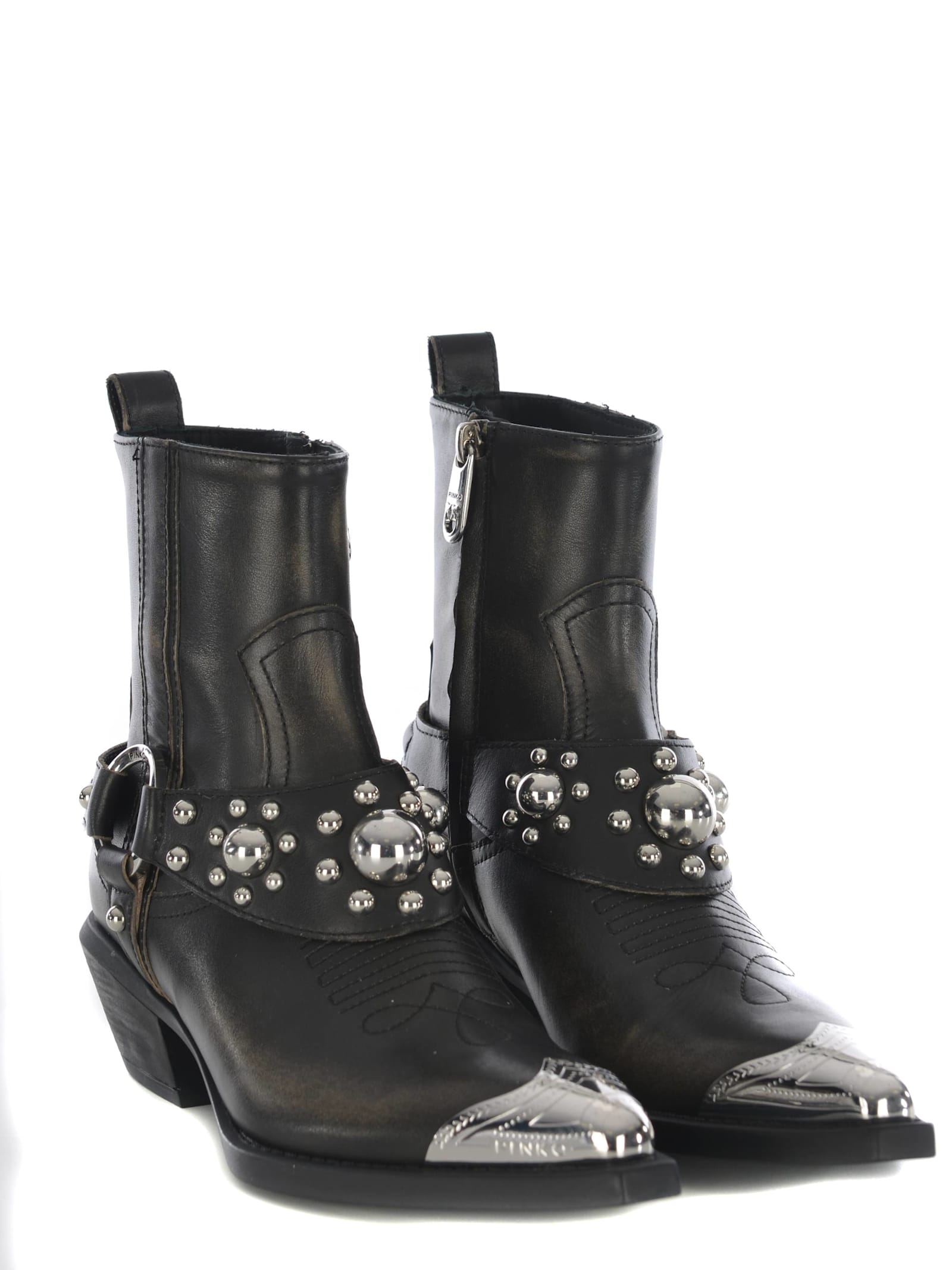 Shop Pinko Texan Boots  Made Of Leather In Black