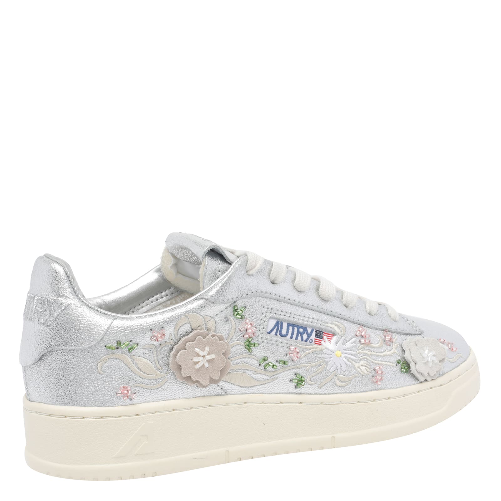 Autry Dallas Round Toe Sneakers With Floral Applications In Metallic
