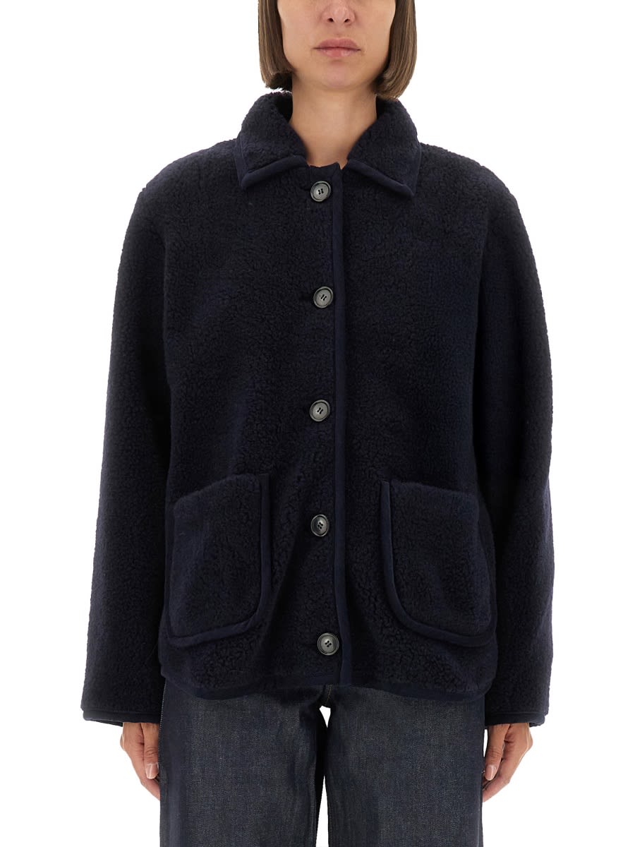 Apc Textured Fabric Coat Featuring Patch Pockets In Blue