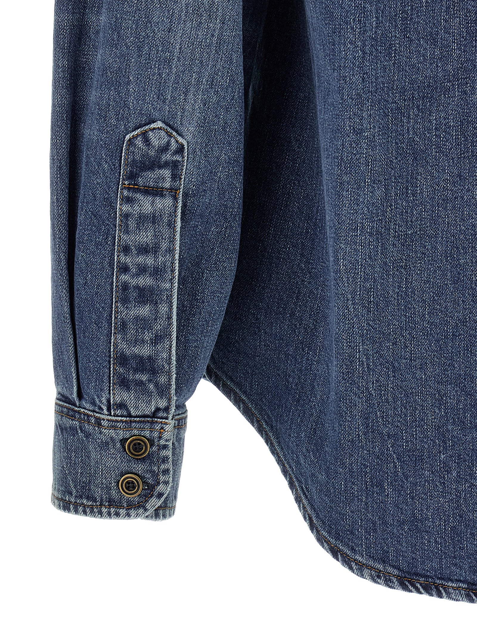 Maison Margiela Used-effect Cotton Denim Shirt With Unique Badges In Blue