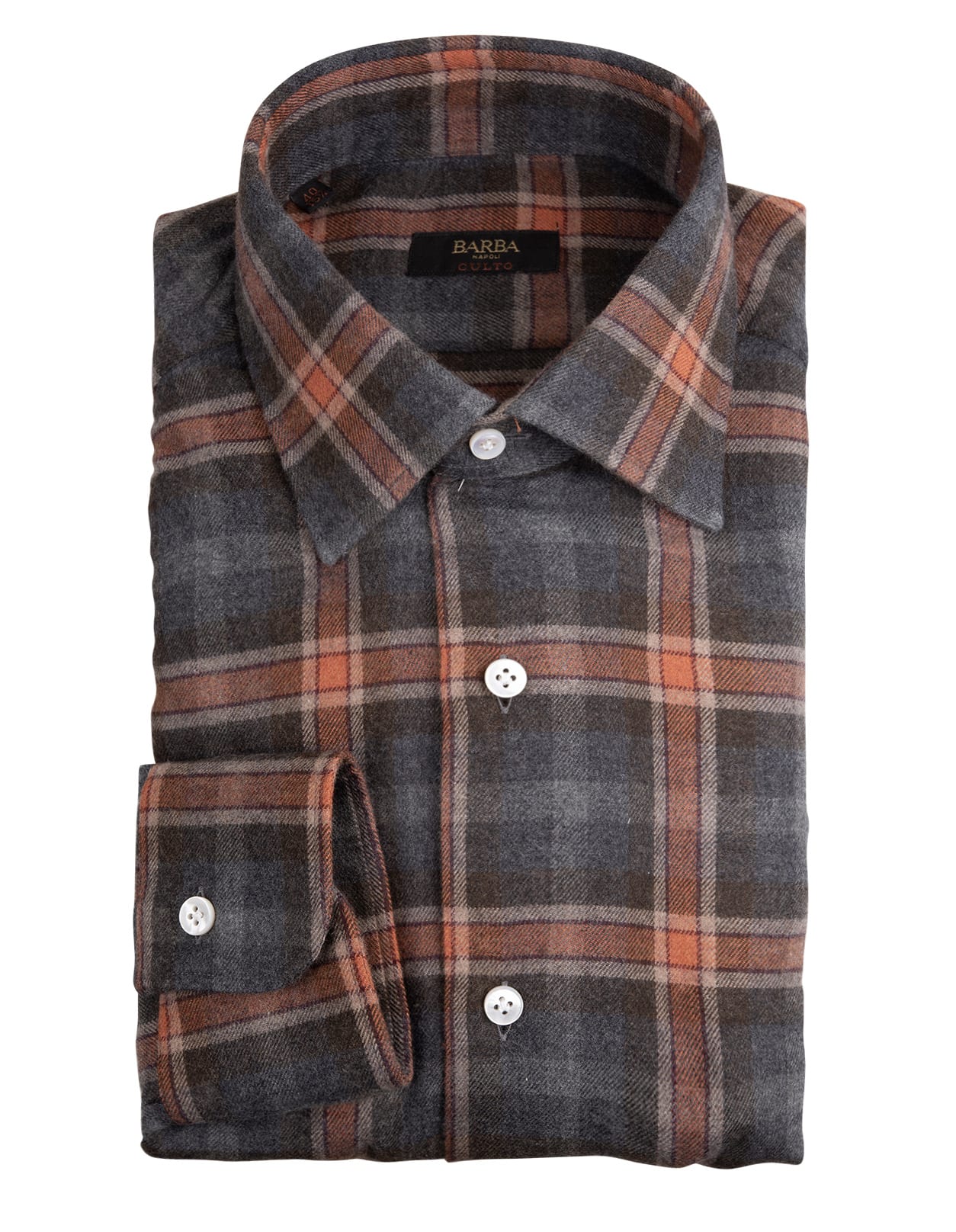 Barba Napoli Man Anthracite And Orange Flannel Shirt With Checked Pattern