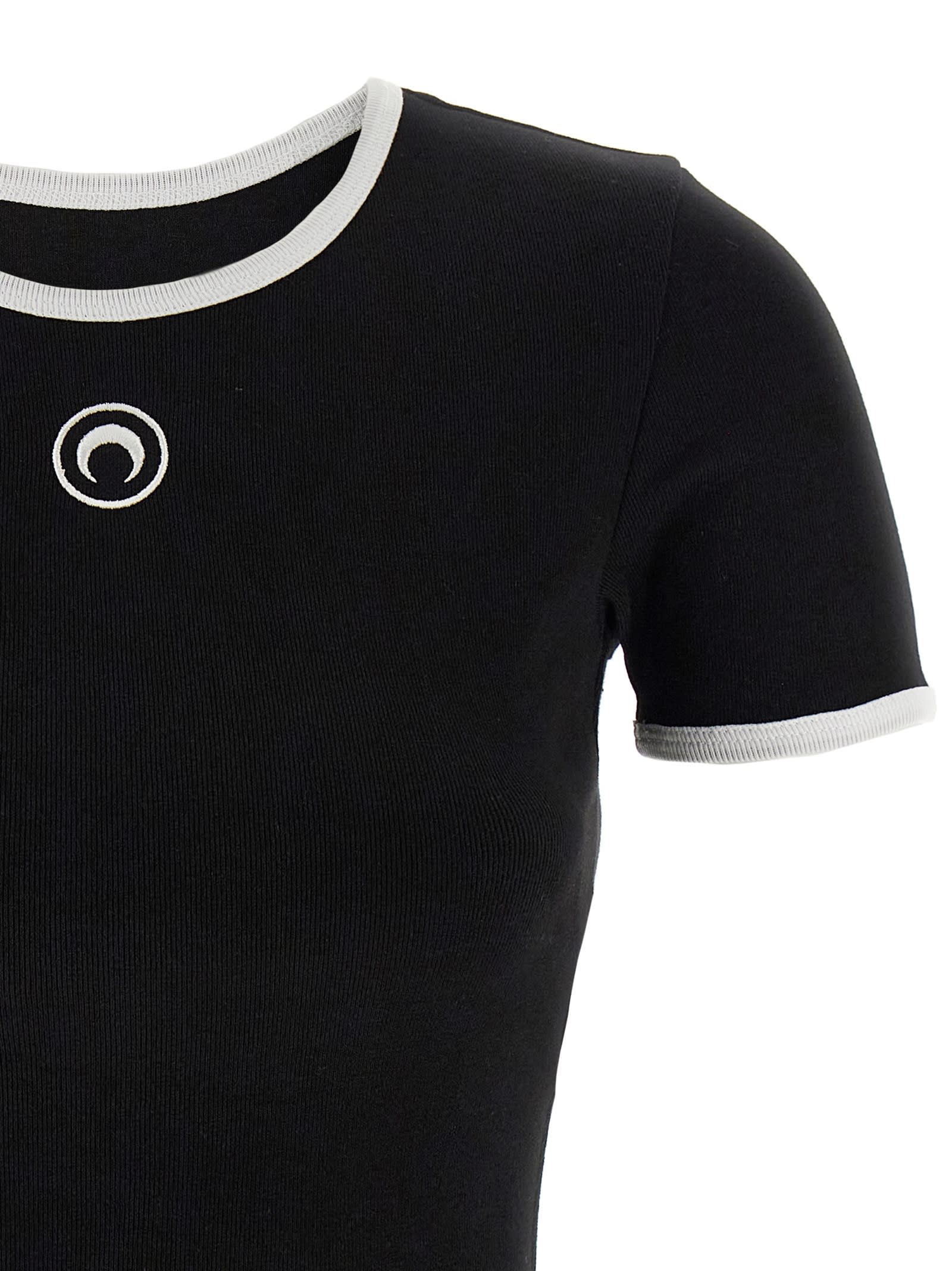 Marine Serre Women Black Cropped Crewneck T-shirt With Logo Embroidery On The Front In Cotton Woman In Black