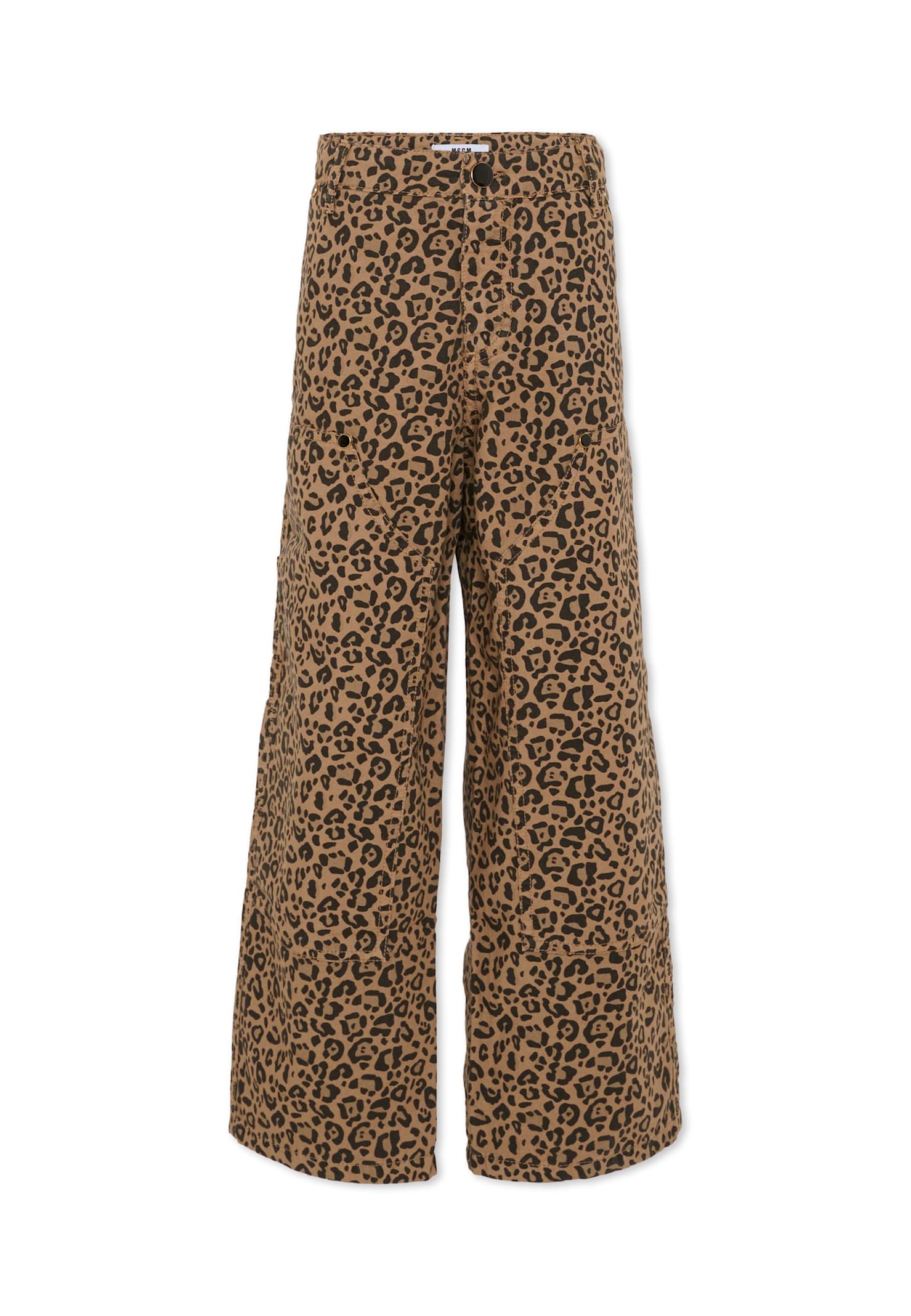 Msgm Beige Trousers For Girl With Logo And Spotted Print In Animal Print