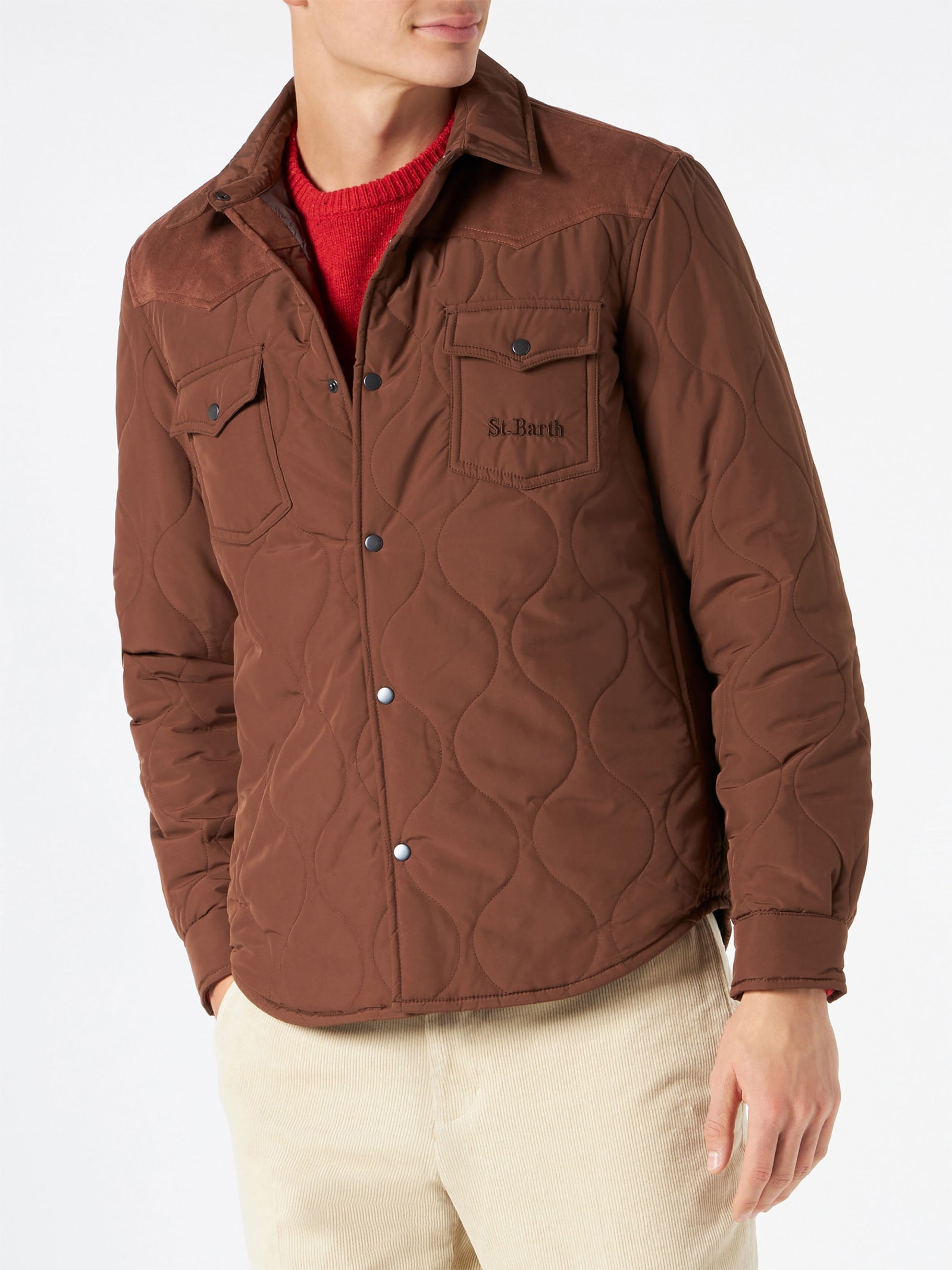 Mc2 Saint Barth Man Brown Padded Overshirt With Patch Pockets