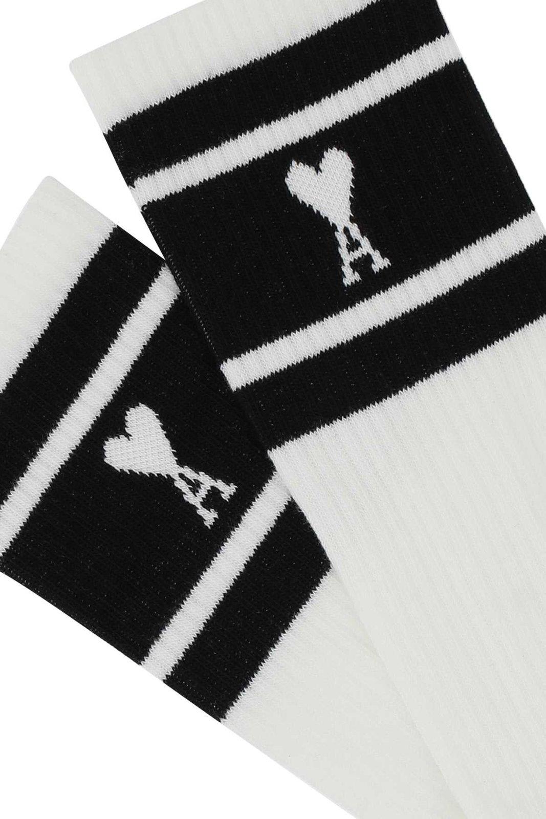 Shop Ami Alexandre Mattiussi Paris Stripes Logo Ribbed Socks In Black