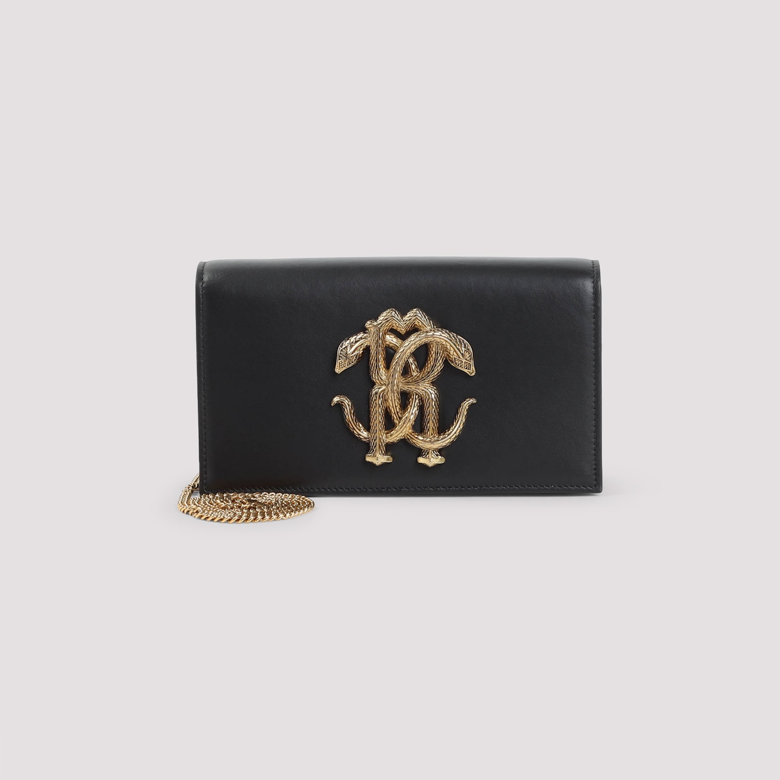 Roberto Cavalli Black Leather Shoulder Bag With Gold Emblem In Black