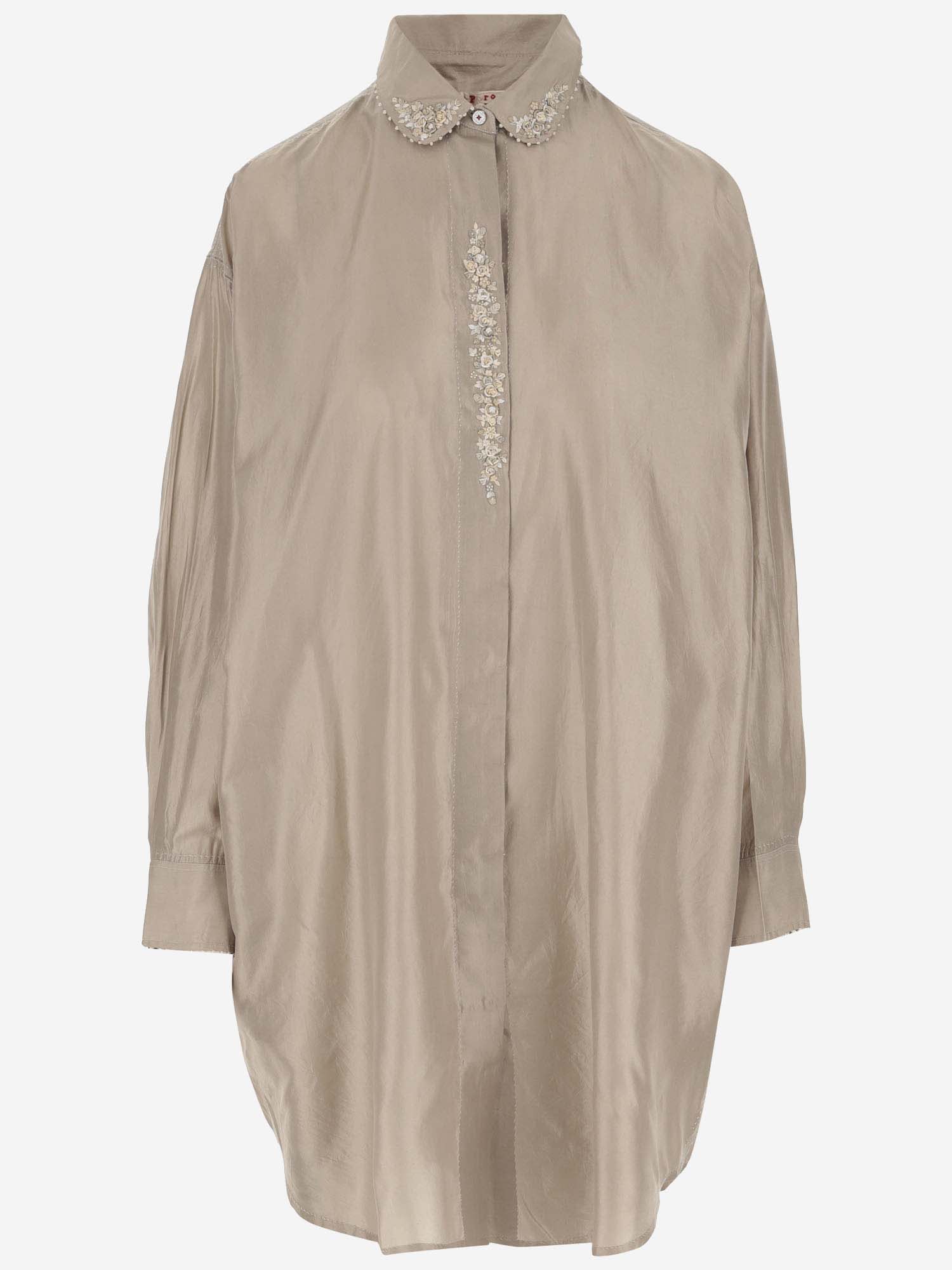 Shop Péro Long Silk Shirt With Floral Embroidery In Beige