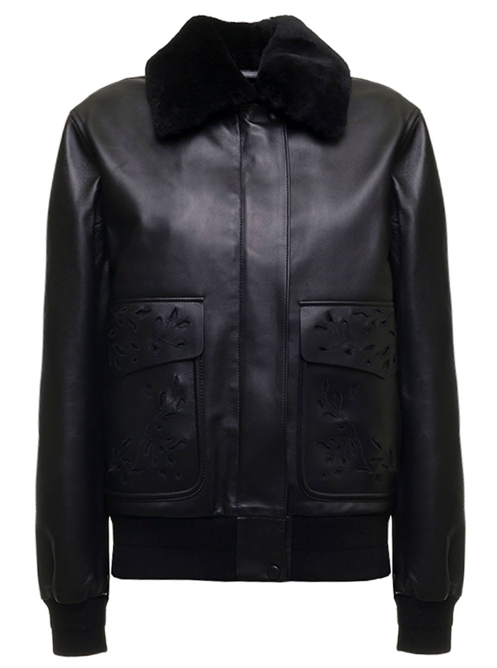 Chloé Womans Black Leather Bomber Jacket