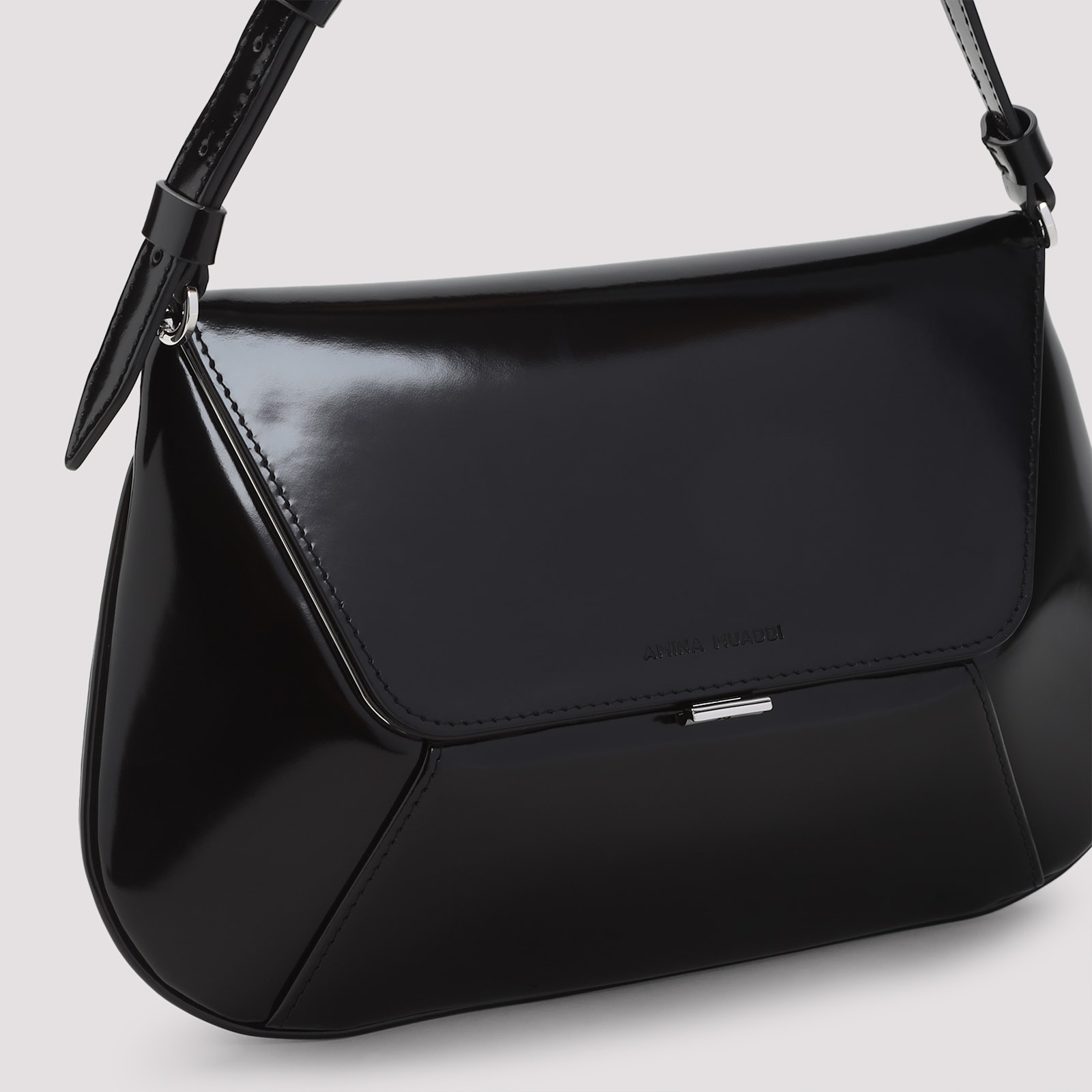 Amina Muaddi Leather Handbag With Curved Base And Reptile Motif Embossing In Black Silver