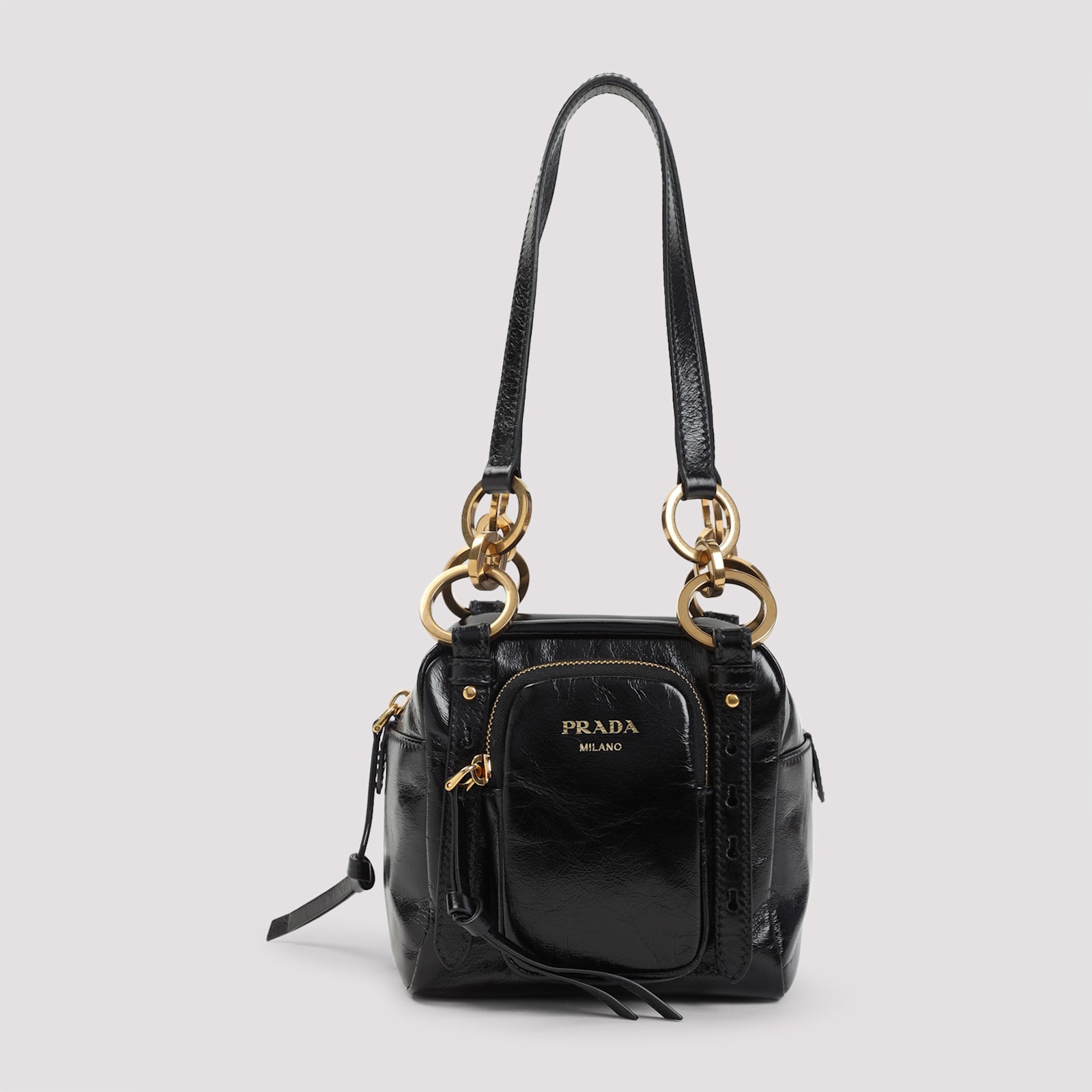 Prada Re-nylon And Leather Medium Top-handle Bag With Padlock In Nero