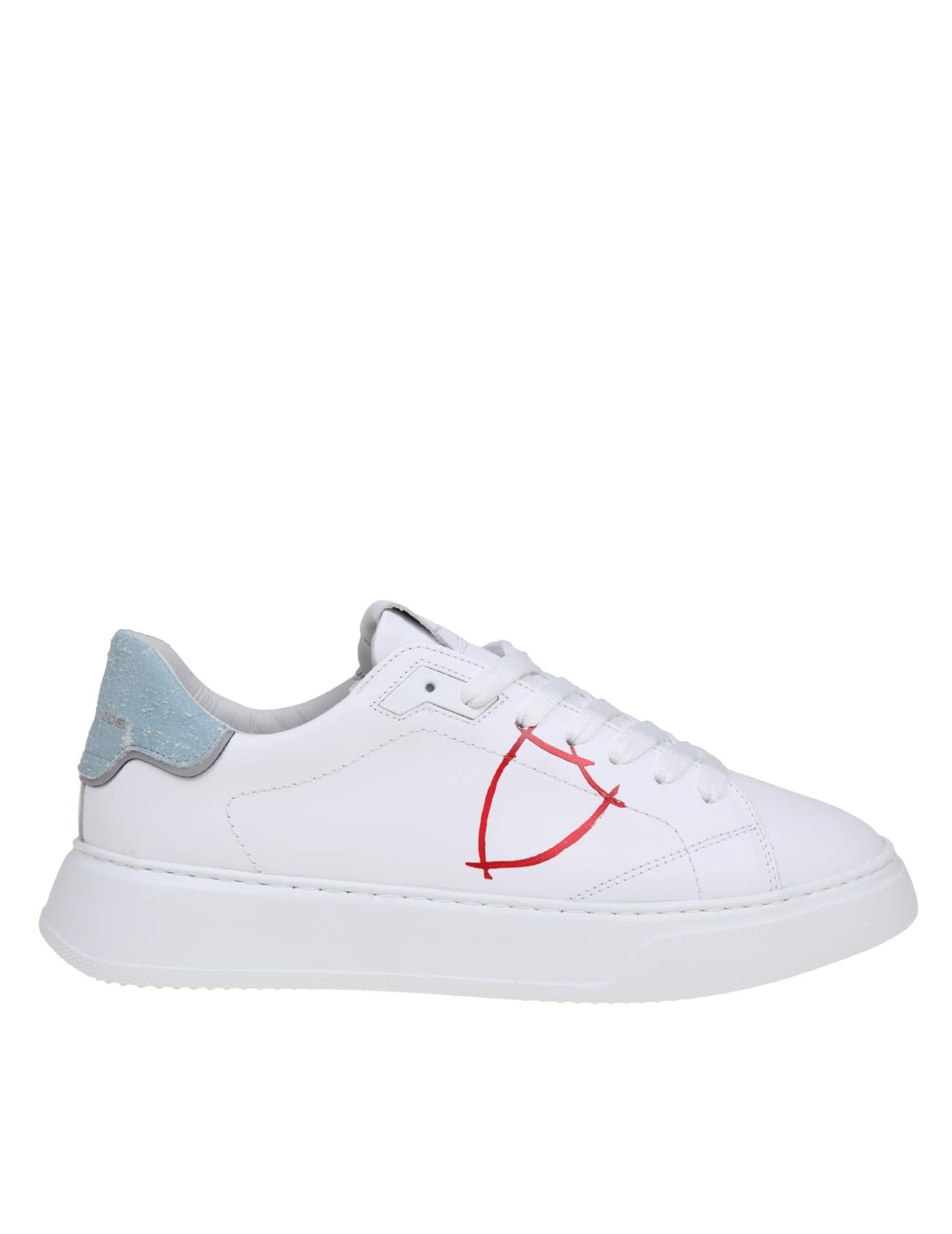 Shop Philippe Model Temple Low Sneakers In White And Light Blue Leather In White/red