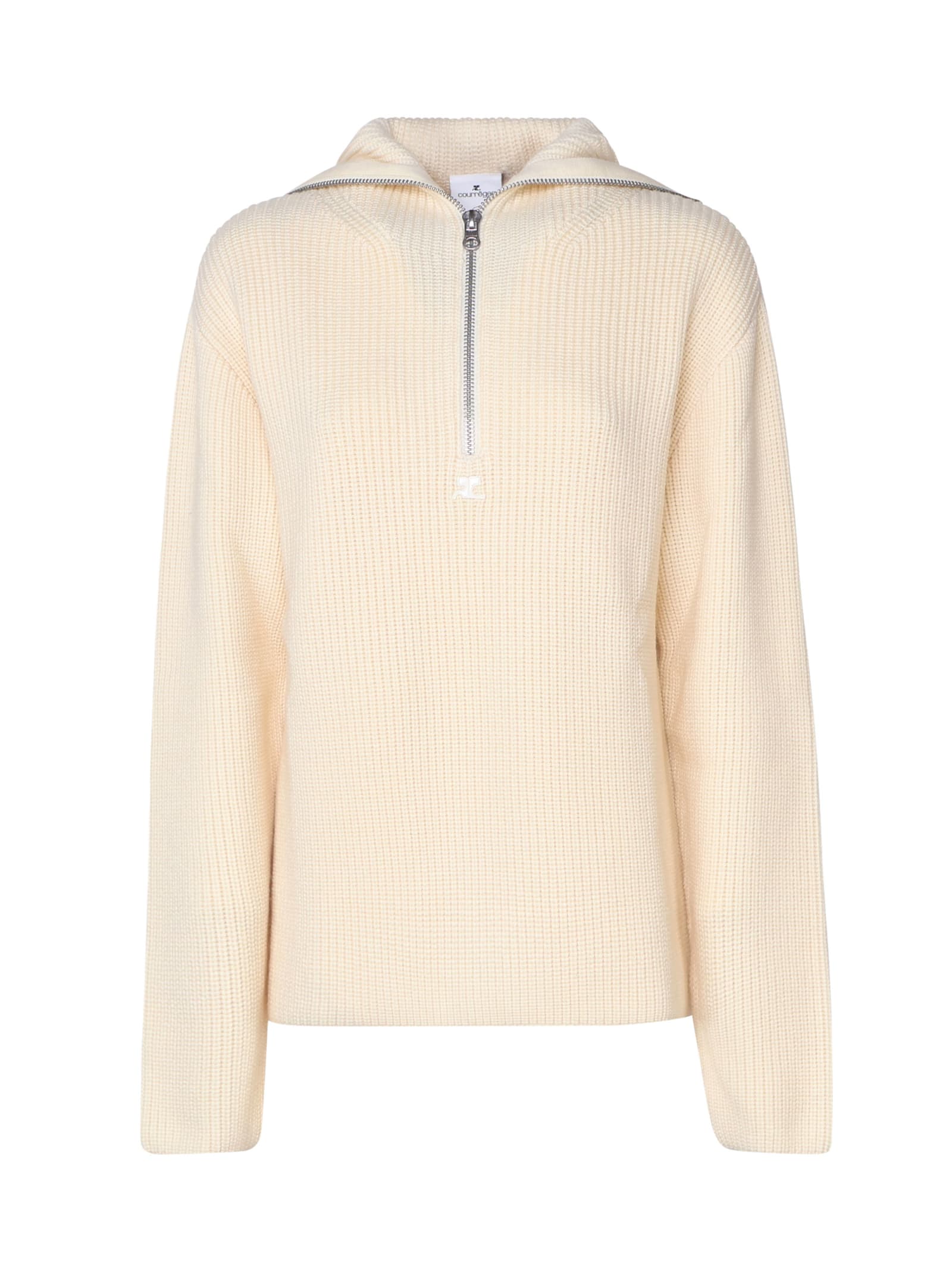 Shop Courrèges Ribbed Wool Hooded Sweater With Zip In Beige