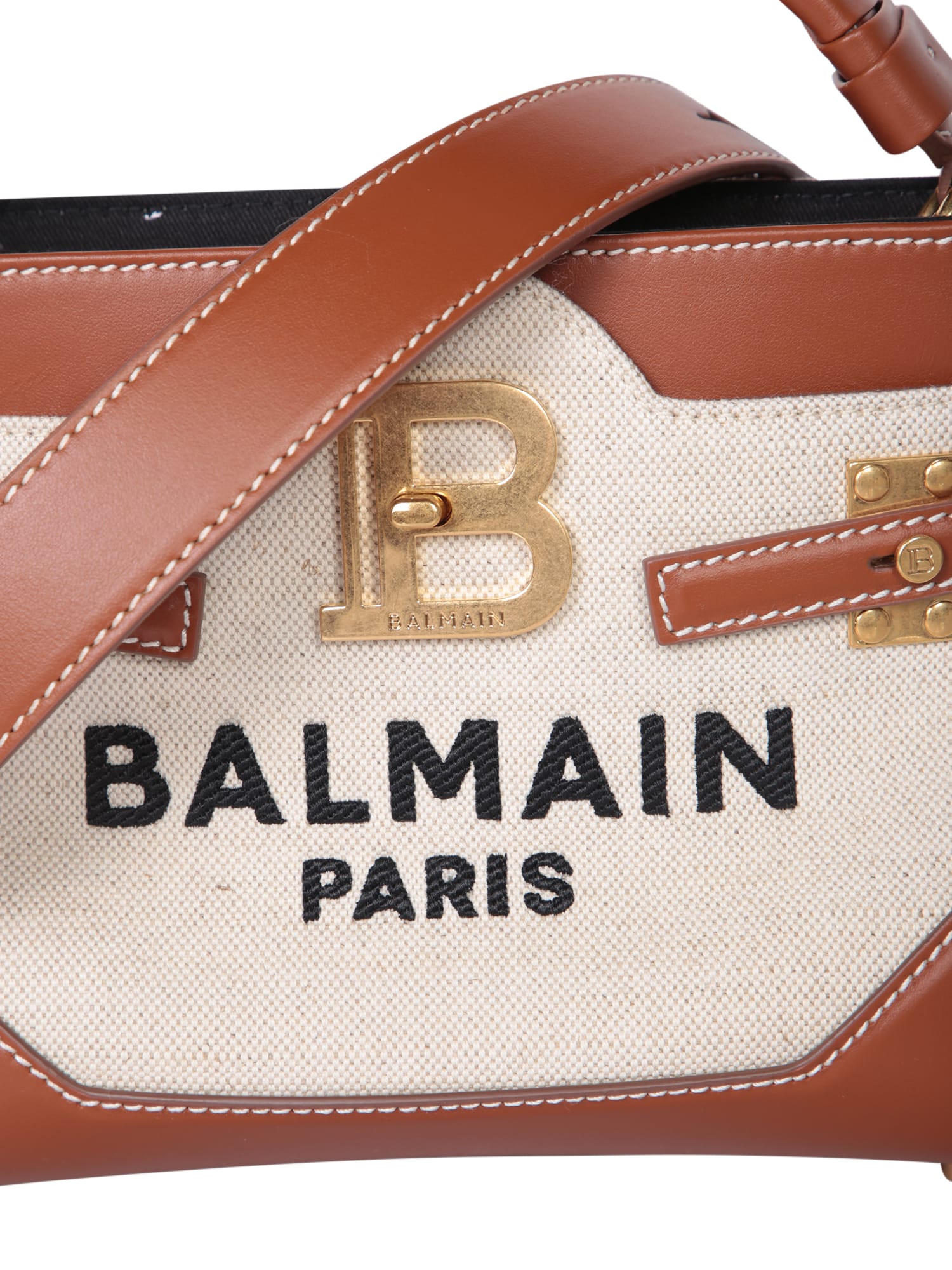 Shop Balmain Bbuzz Top Han Brown Bag In Natural Canvas In Beige