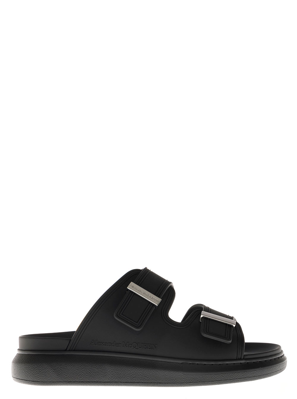 Alexander Mcqueen Black Rubber Sandals With Buckles In Pewter | ModeSens