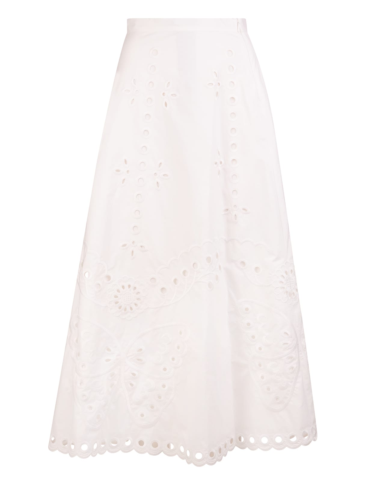 RED Valentino White Cotton Midi Skirt With Sangallo Embroidery