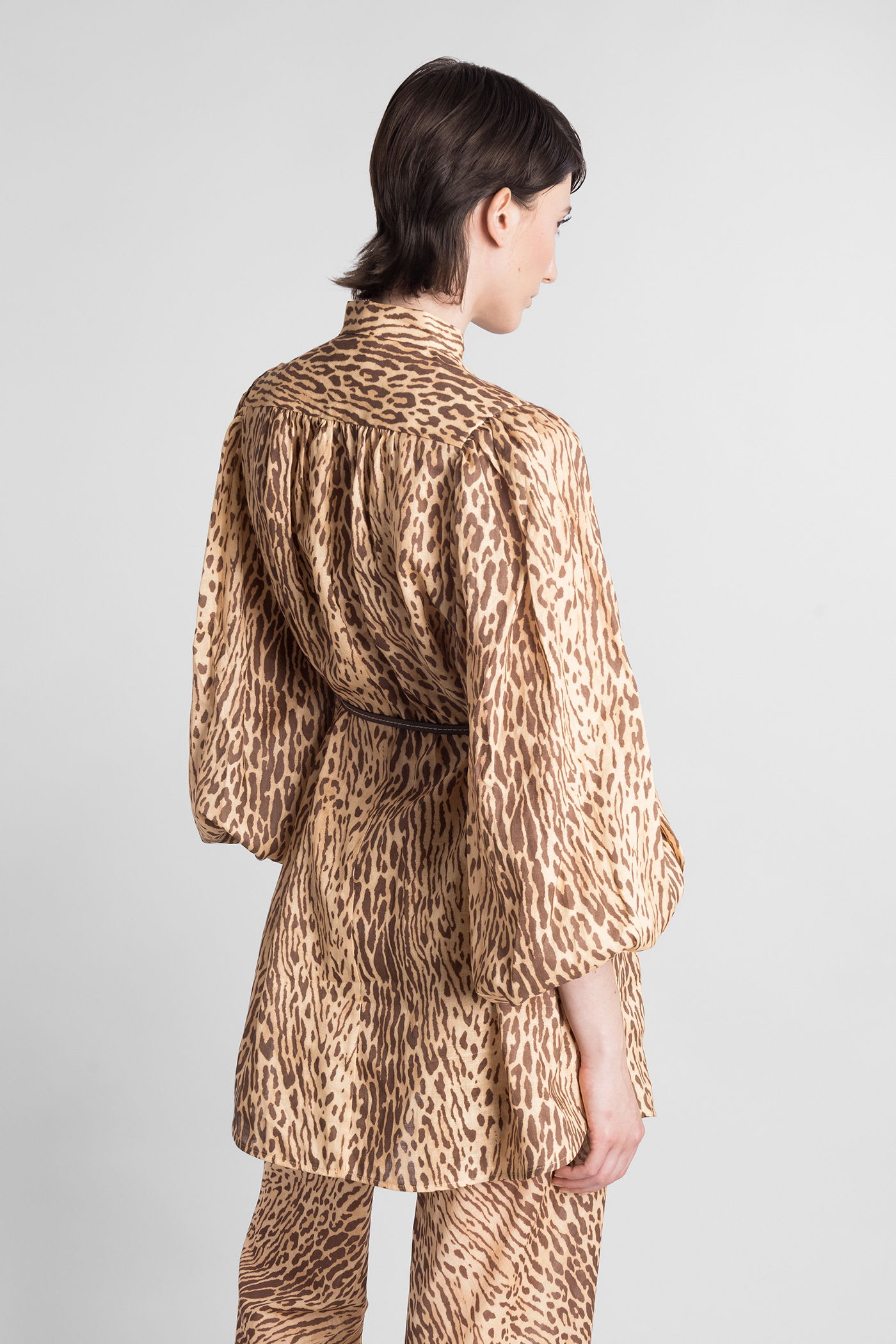 Zimmermann Cascadian Beige Tunic Dress With Stand-up Collar And All-over Leopard Print In Linen Woman In Brown